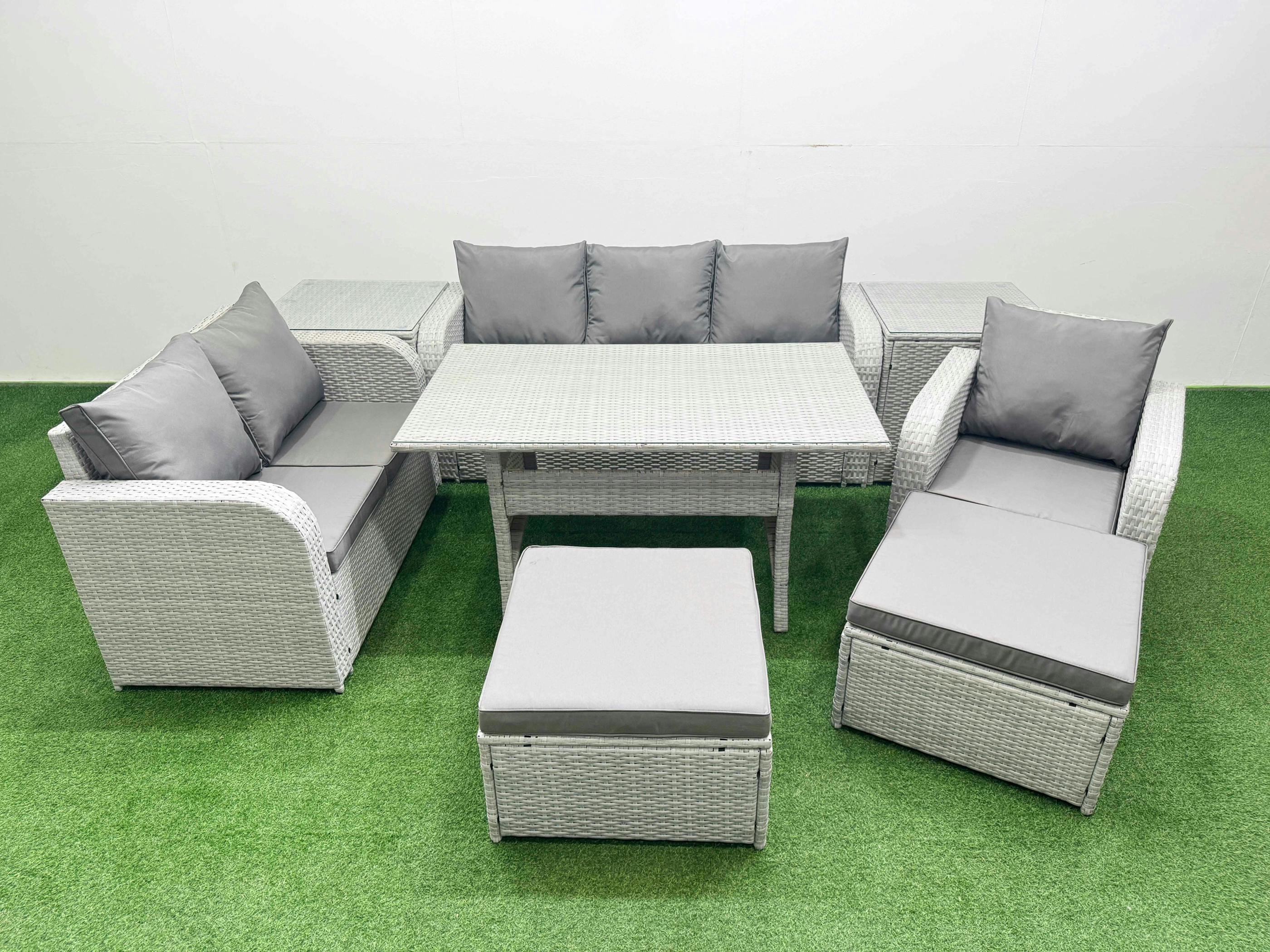 Fimous Light/Grey 8 Seater Pe Rattan Garden Furniture Set, Dining Table, Reclining Chair, Loveseat, 3 Seater Sofa, 2 Big Footstools, 2 Side Table,