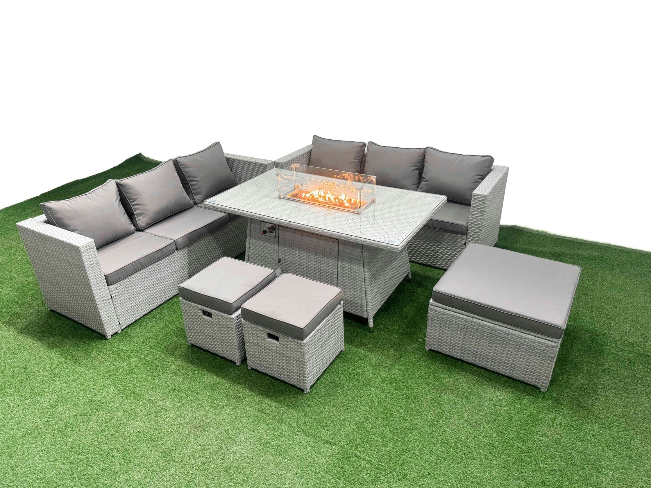 Rackhams Light/Grey 9 Seat Pe Rattan Lounge Sofa Set Outdoor Garden Furniture Set With Fire Pit Dining Table 3 Seater Sofa 3 Stools