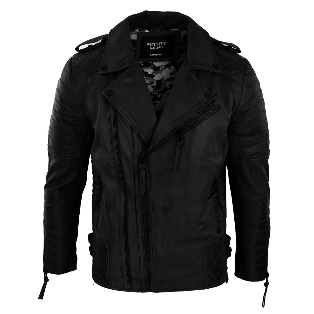 Infinity Leather Men's Black Leather Company Biker Jacket Cross Zip Wine Rock Punk - Large