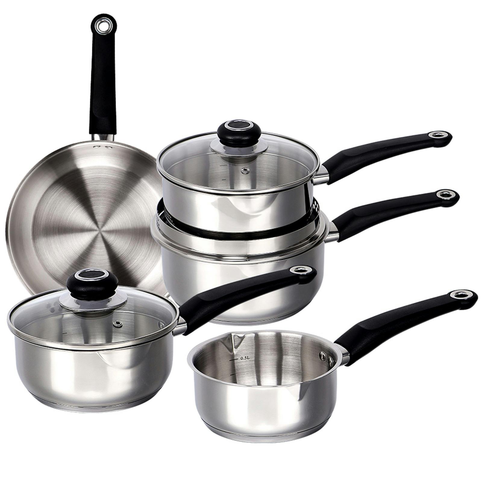 Rackhams Silver Stainless Steel 8 Pcs Induction Cookware Set Frying Pan Milk Saucepan With Lids