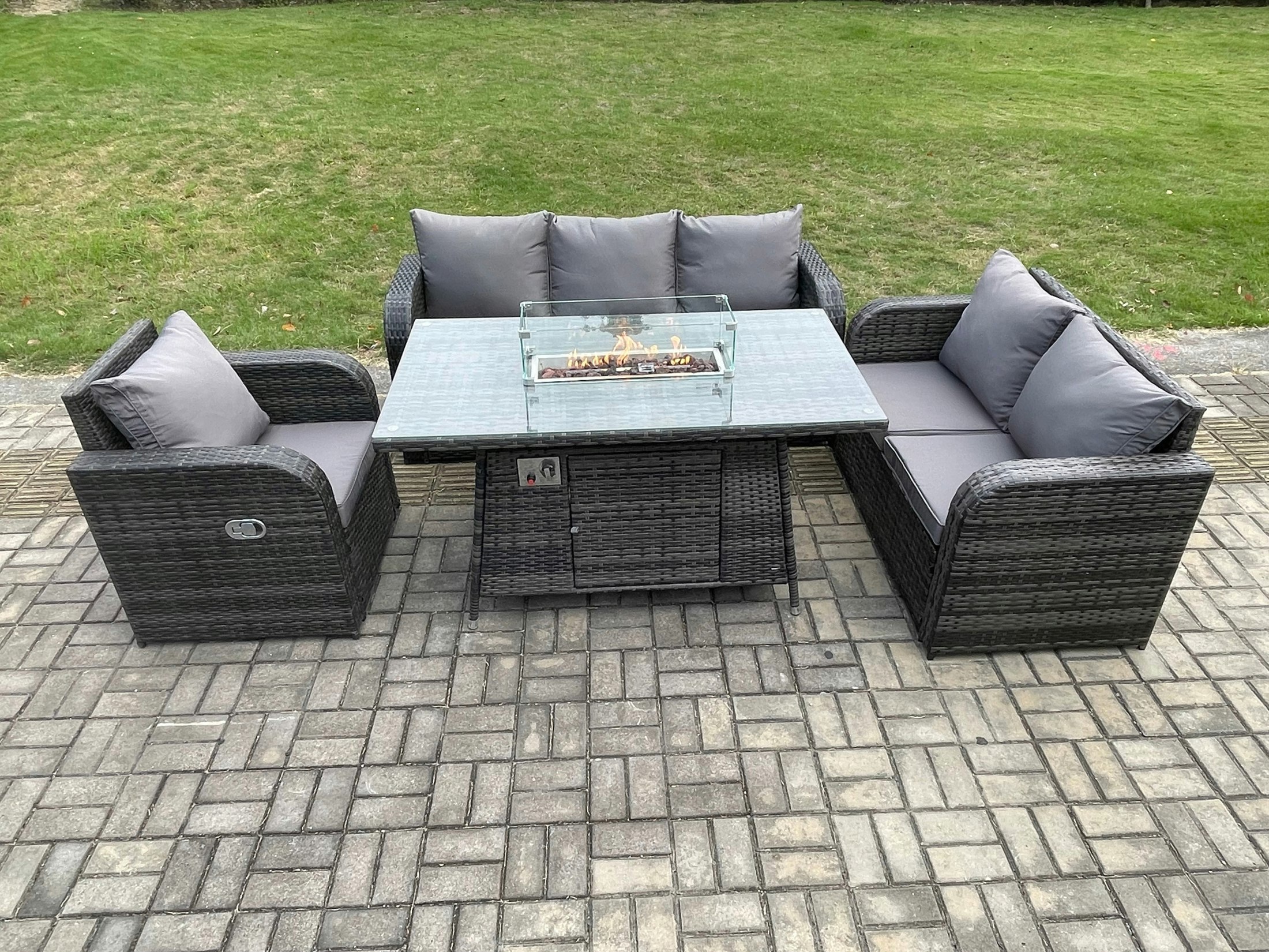 Rackhams Dark/Grey Rattan Garden Furniture Set With Fire Pit Table 6 Seater Outdoor Lounge Sofa Set Mixed