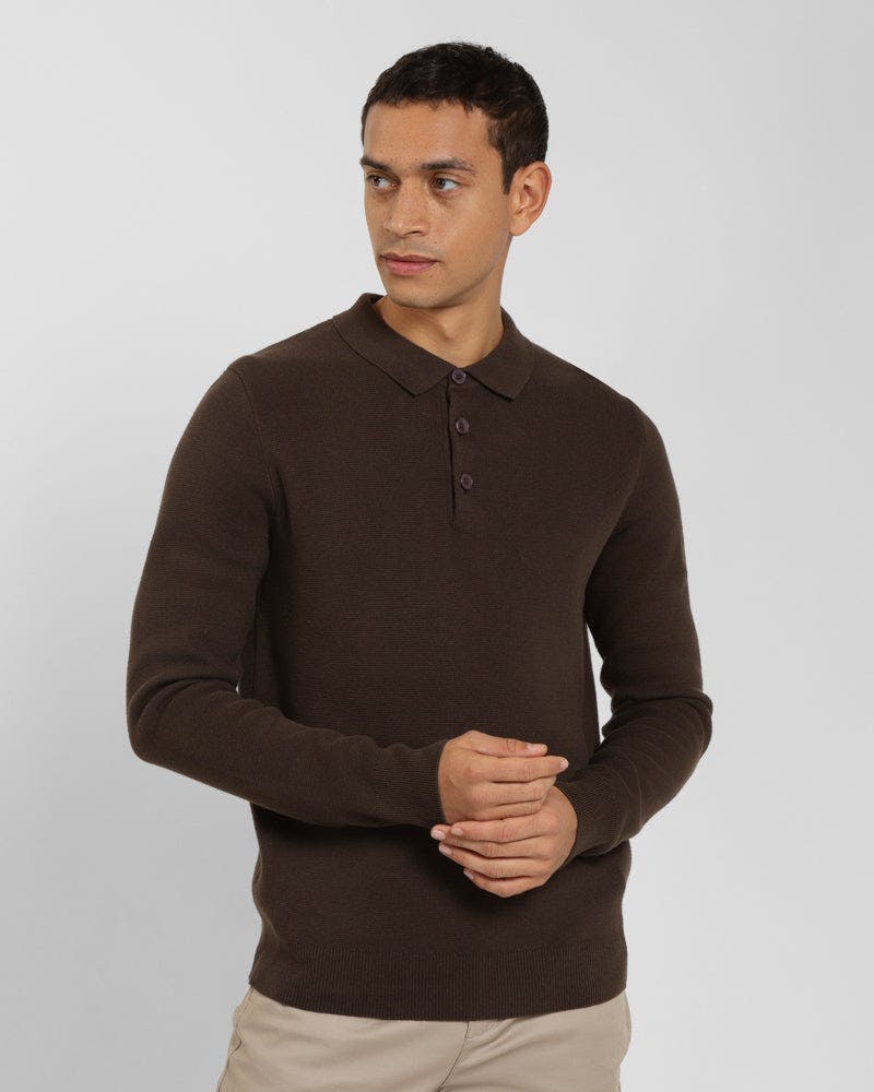 Steel & Jelly Brown Heavy Milano Knit Long Sleeve Polo Shirt - Xl