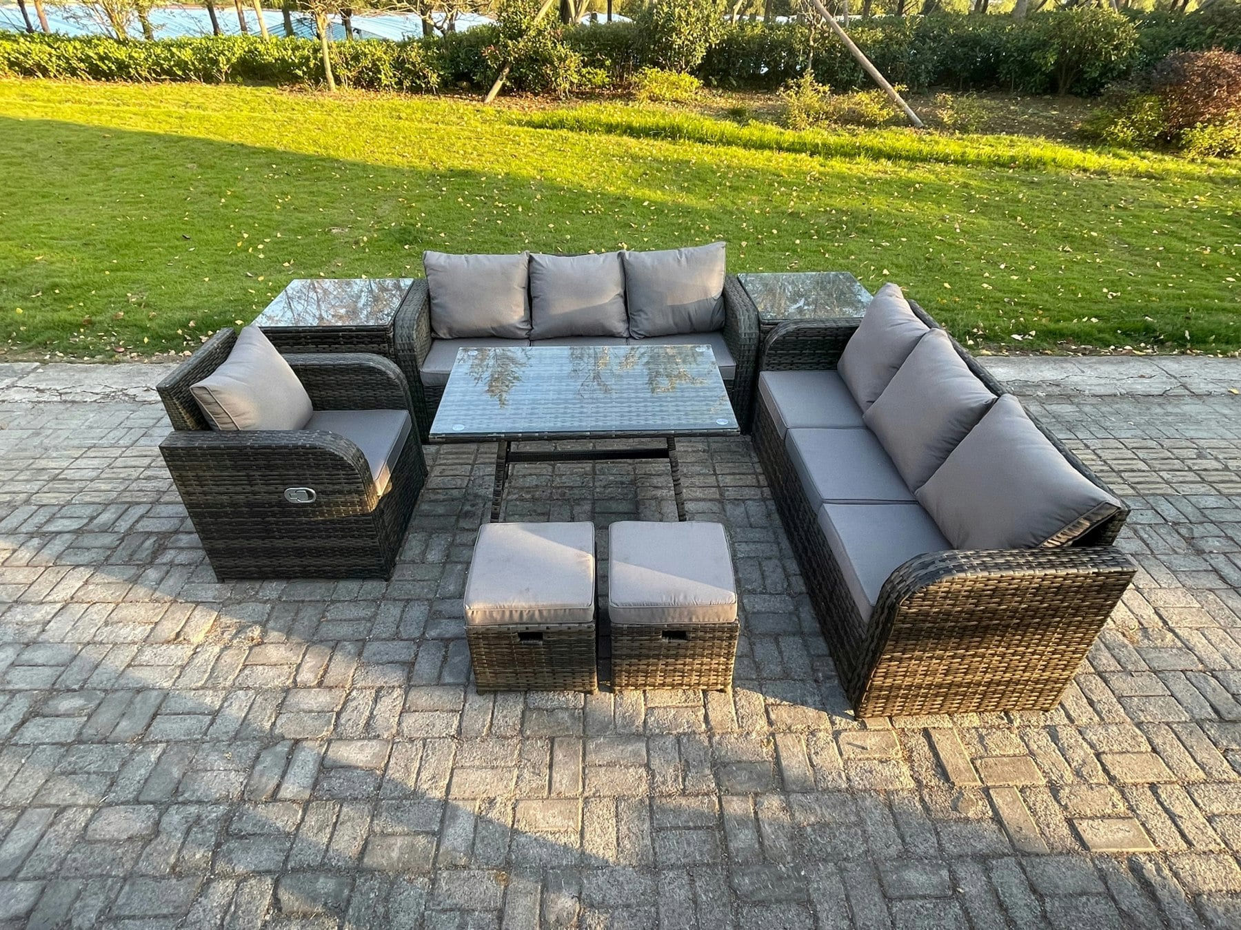 Rackhams Dark/Grey Wicker 8 Pieces Rattan Garden Furniture Sofa Set With Rectangular Dining Table Armchair 2 Small Footstools 2 Side Tables Mixed