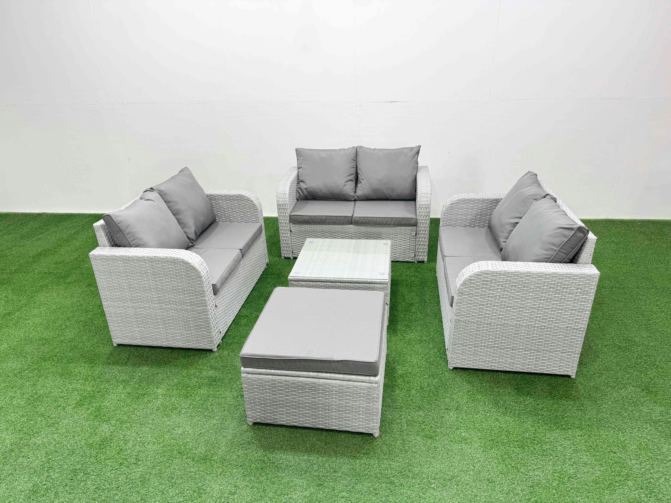 Fimous Light/Grey 7 Seater Pe Wicker Rattan Furniture Sofa Sets With Square Coffee Table 2 Seater Love Sofa Big Footstool