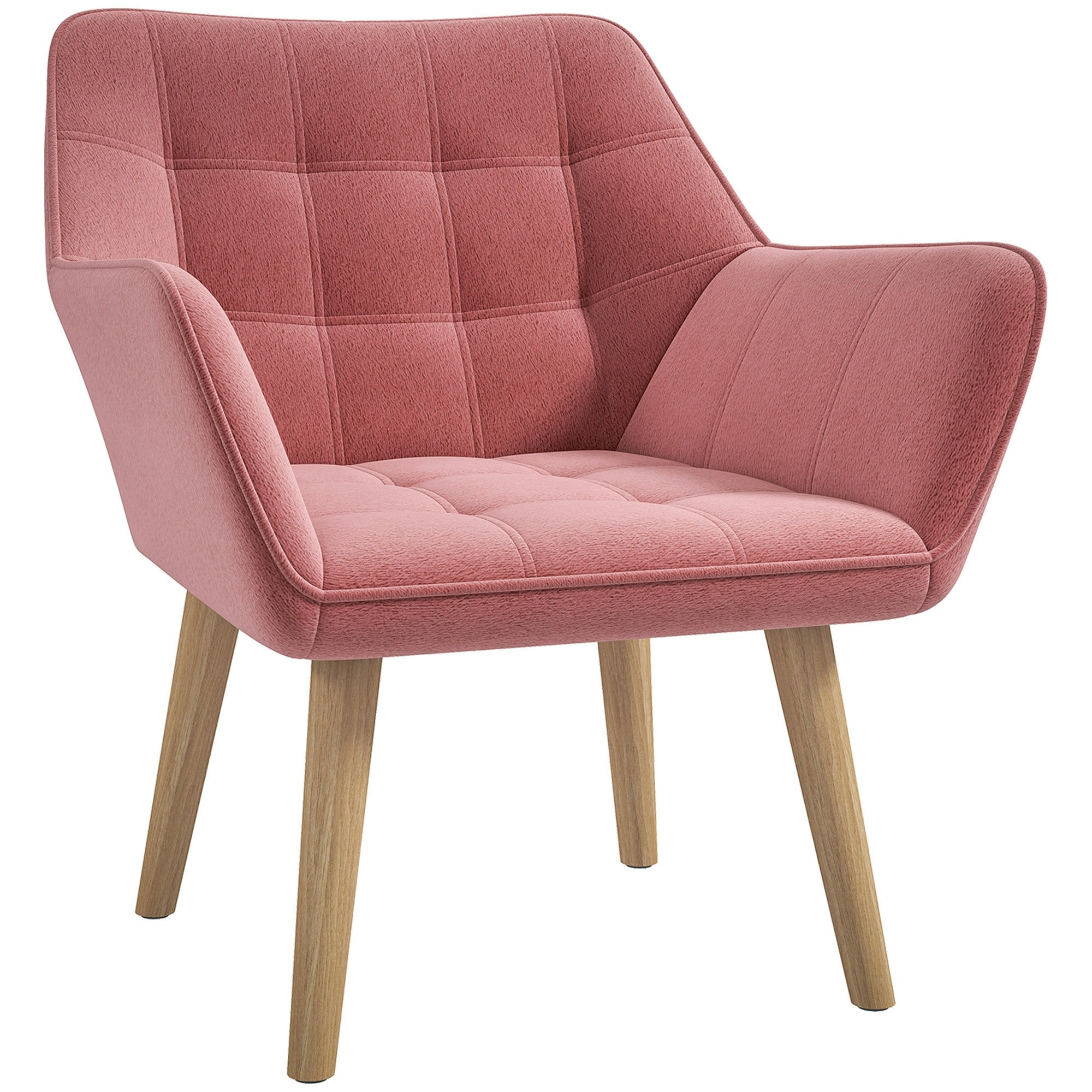 Homcom Pink Velvet-Feel Accent Chair W/ Wide Arms Slanted Back - Rubber Wooden, Steel, Sponge, Velvet (Polyester)