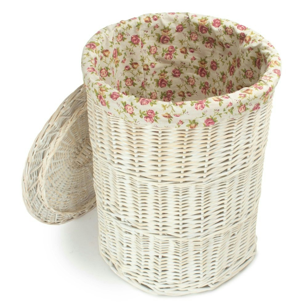 Rackhams White Large Round Wash Wicker Laundry Basket With A Garden Rose Lining