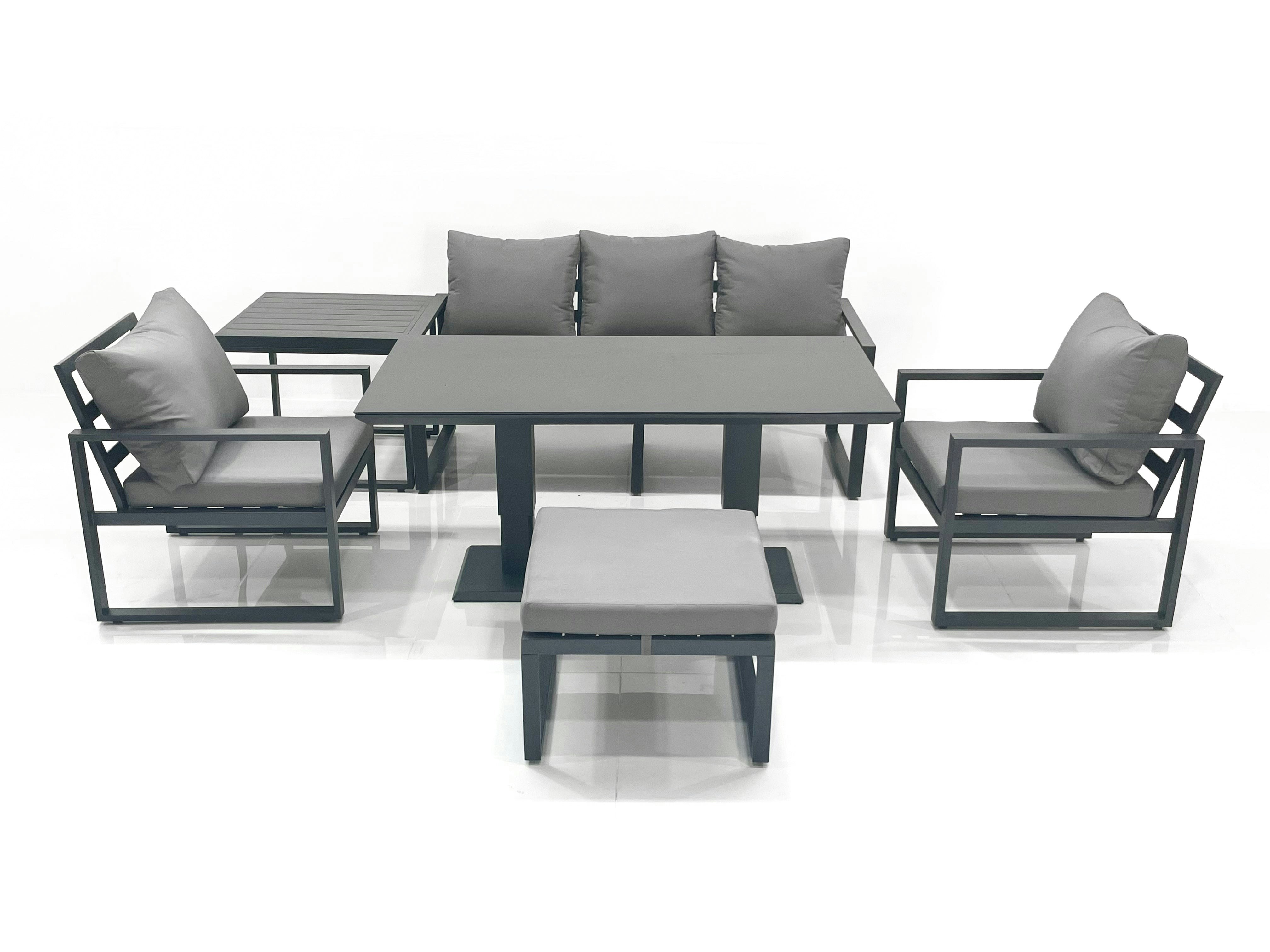 Rackhams Dark/Grey Outdoor Aluminium Garden Furniture Set With Adjustable Rising Lifting Dining Table 3 Seater Sofa 2 Chair Big Footstool Side Table