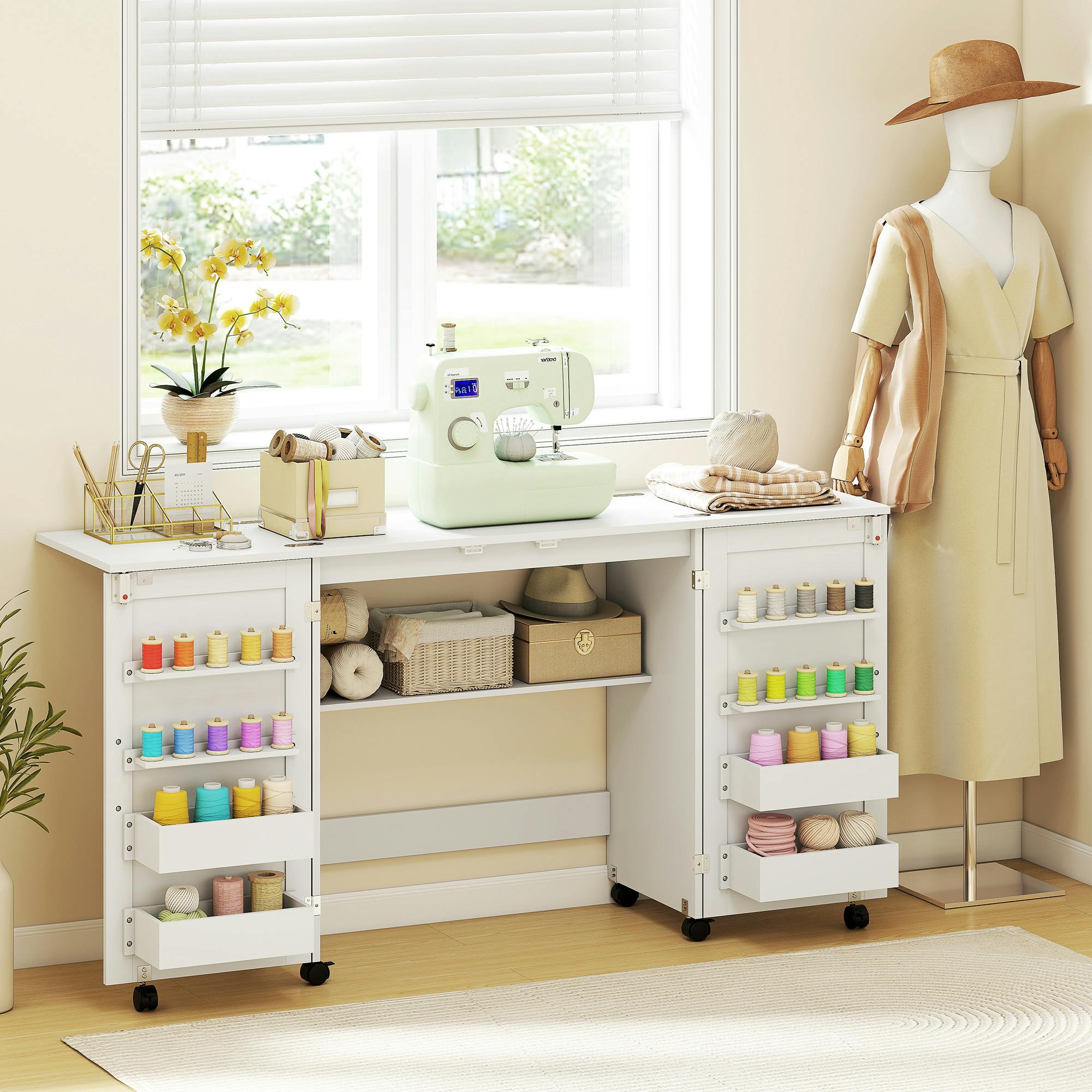 Rackhams White Folding Sewing Table With 2 Magnetic Doors, Storage Shelf, - 160W X 40D Cm - 160W X 40D X 81.5H Cm - Sewing Table