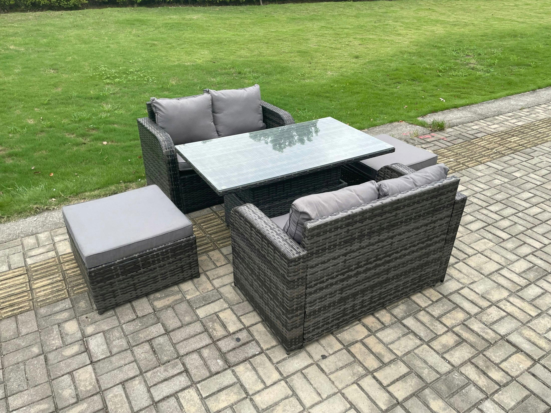 Rackhams Dark/Grey Outdoor Rattan Furniture Garden Dining Set Height Adjustable Rising Lifting Table Love Sofa Set With 2 Big Footstool Mixed
