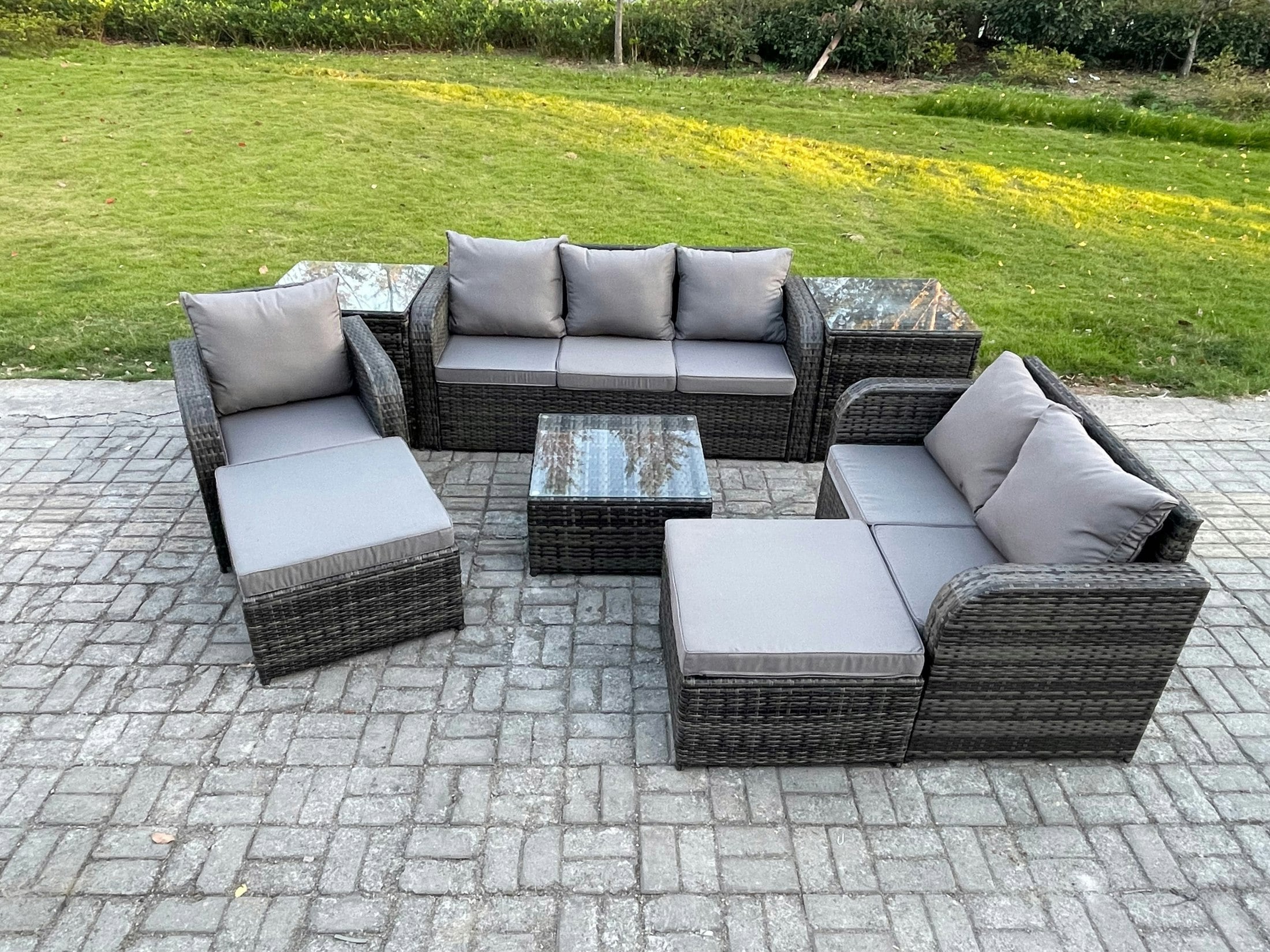 Rackhams Grey Indoor Outdoor Rattan Garden Furniture 8 Seater Set Table Sofa Chair Patio Conservatory With Cushions 2 Side Tables 2 Big Footstool