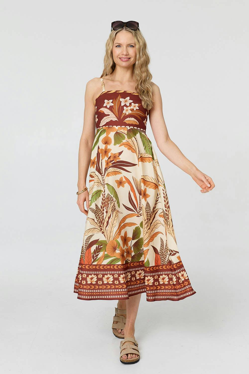 Izabel London Brown Floral Cami Strap A-Line Midi Dress - 16
