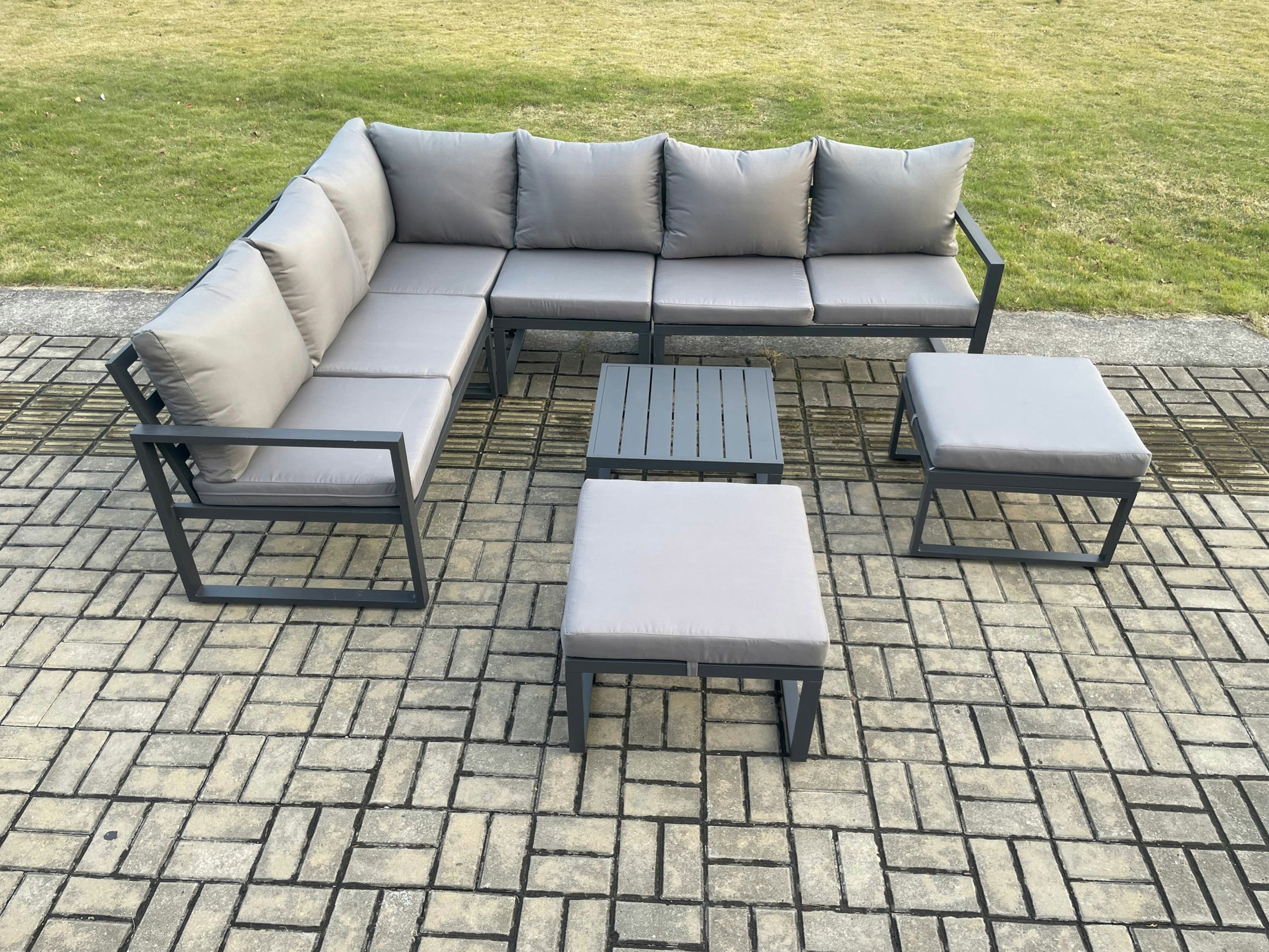 Fimous Dark/Grey 8 Seater Outdoor Lounge Corner Sofa Set Aluminum Garden Furniture Sets With Square Coffee Table 2 Big Footstool