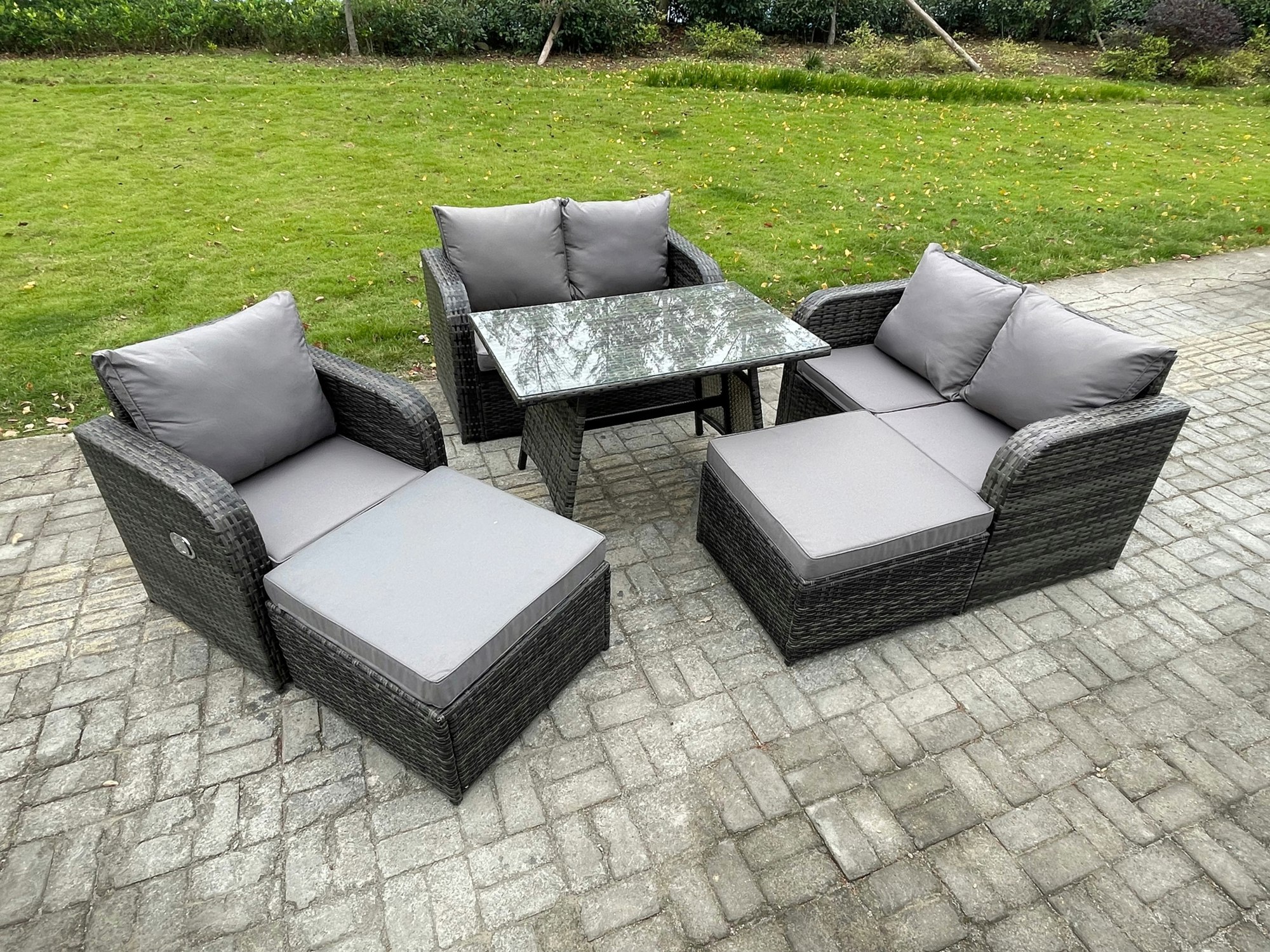 Rackhams Dark/Grey Outdoor Garden Furniture Sets 7 Seater Rattan Furniture Manual Wicker Patio Sofa Patio Conversation Set With 2 Big Footstool Mixed