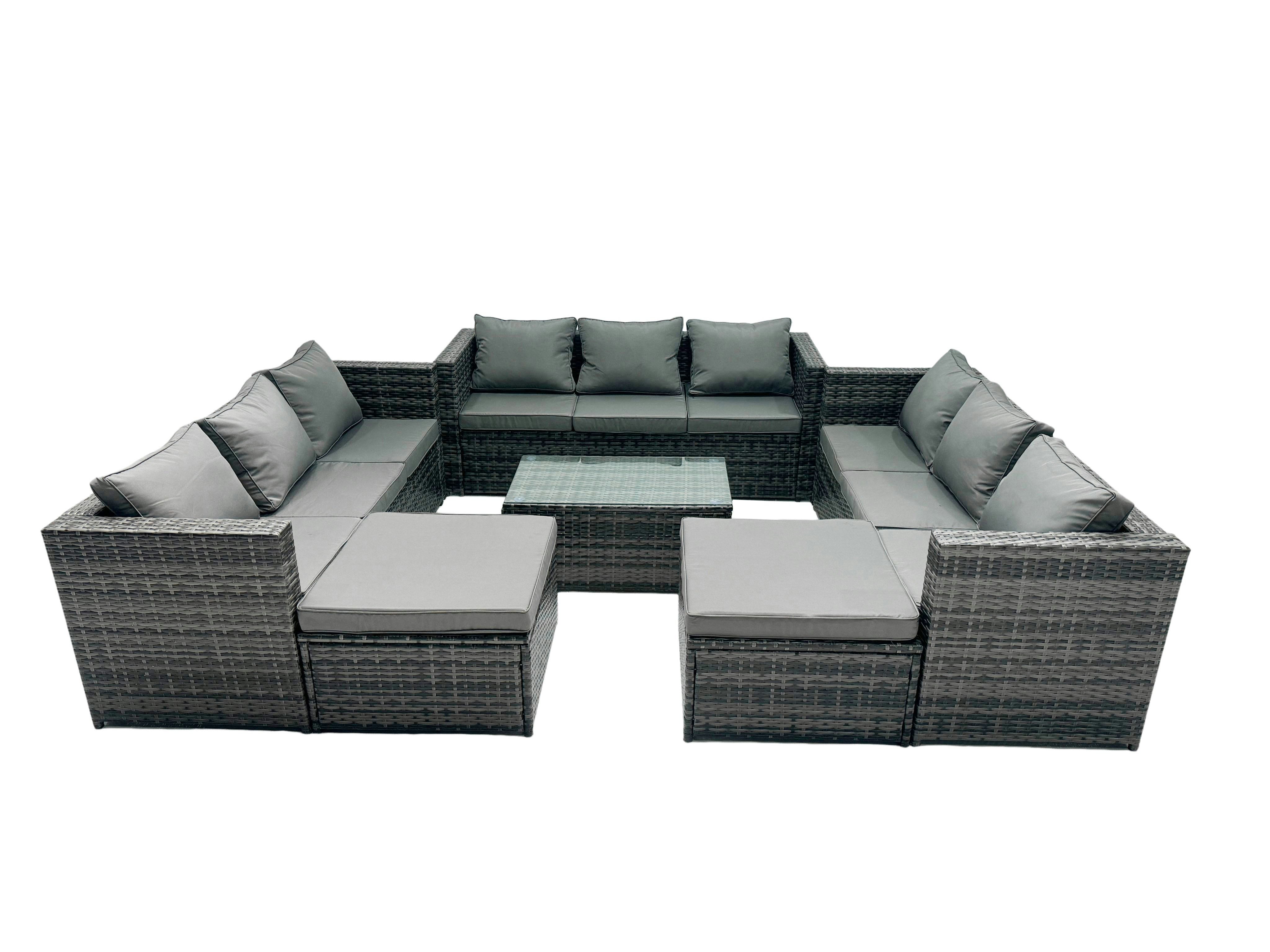Rackhams Dark/Grey Rattan Garden Furniture Dining Set 11 Seater Patio Coffee Table Sofa Set With 2 Big Stools Mixed
