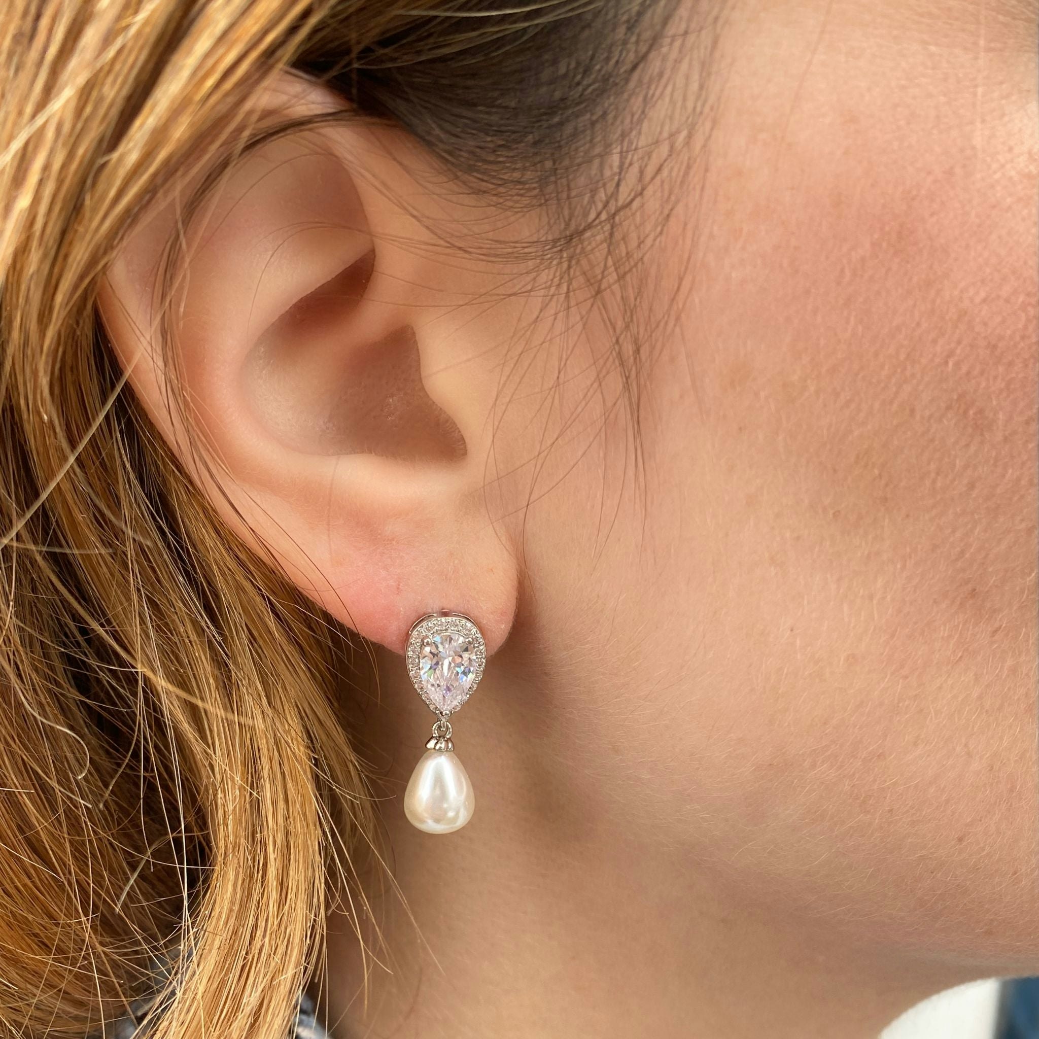 Queenmee Accessories Silver Pearl Drop Earrings Small Crystal Earrings