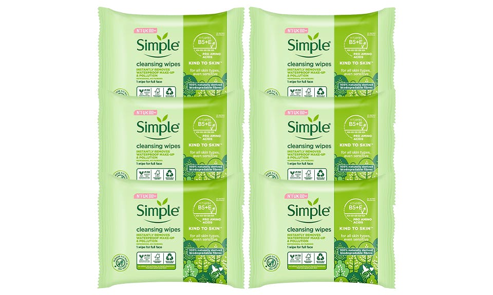 Simple Kind To Skin Cleansing Biodegradable Facial Wipes 25Pcs - 6 Pack