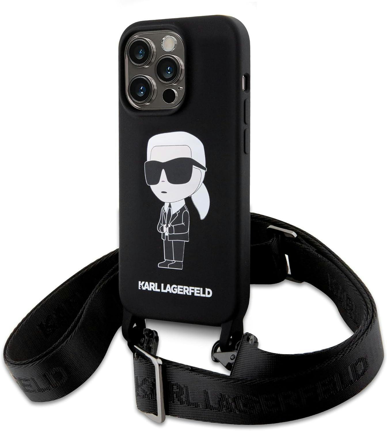Karl Lagerfeld Black Ikonik Crossbody Silicone Case For Iphone 15 Pro Max 6.7" - Klhcp15xscbsknk