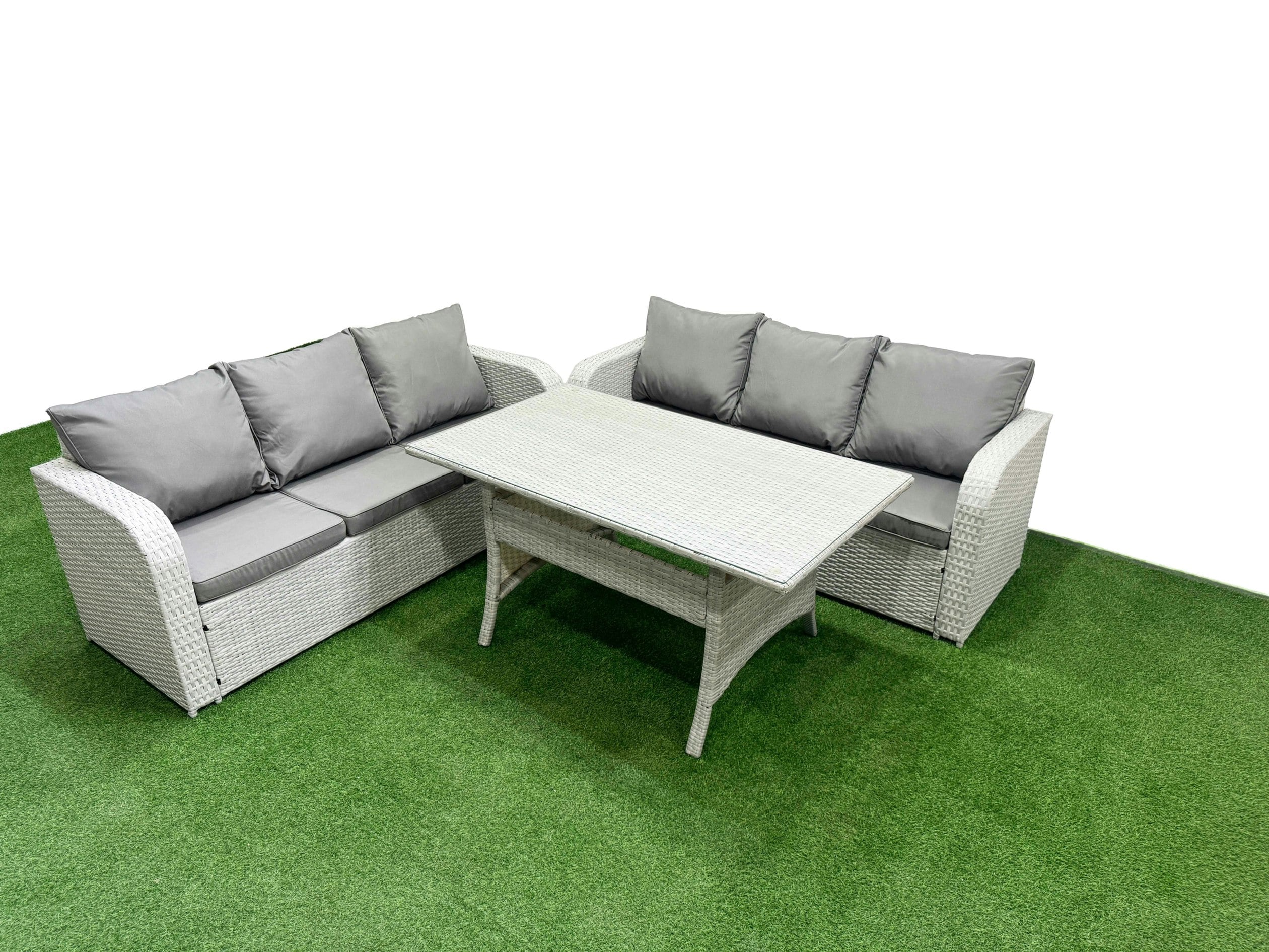 Fimous Light/Grey Outdoor Garden Furniture Sets 6 Seater Wicker Rattan Furniture Sofa Sets With Rectangular Dining Table High Back Lounge Sofa
