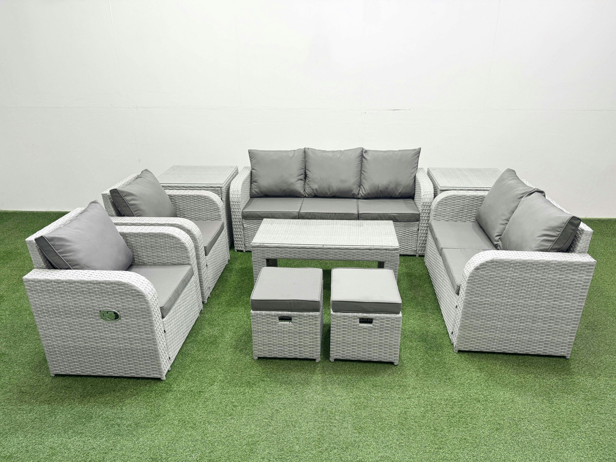 Rackhams Light/Grey Pe Rattan Outdoor Lounge Set - Adjustable Chair, Double Loveseat, Rectangular Coffee Table, 2 Stools & 2 Side Tables