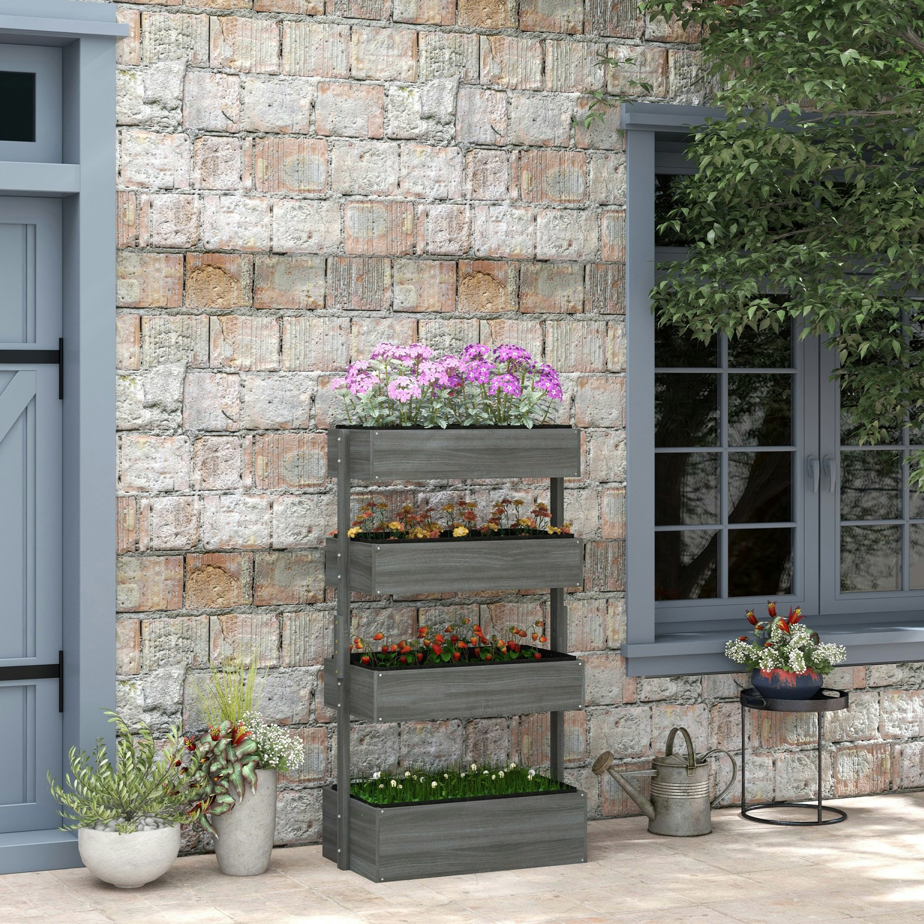 Rackhams Grey Raised Garden Bed Wooden Plant Stand - Fir Wood - 80Cm X 45Cm X 142Cm