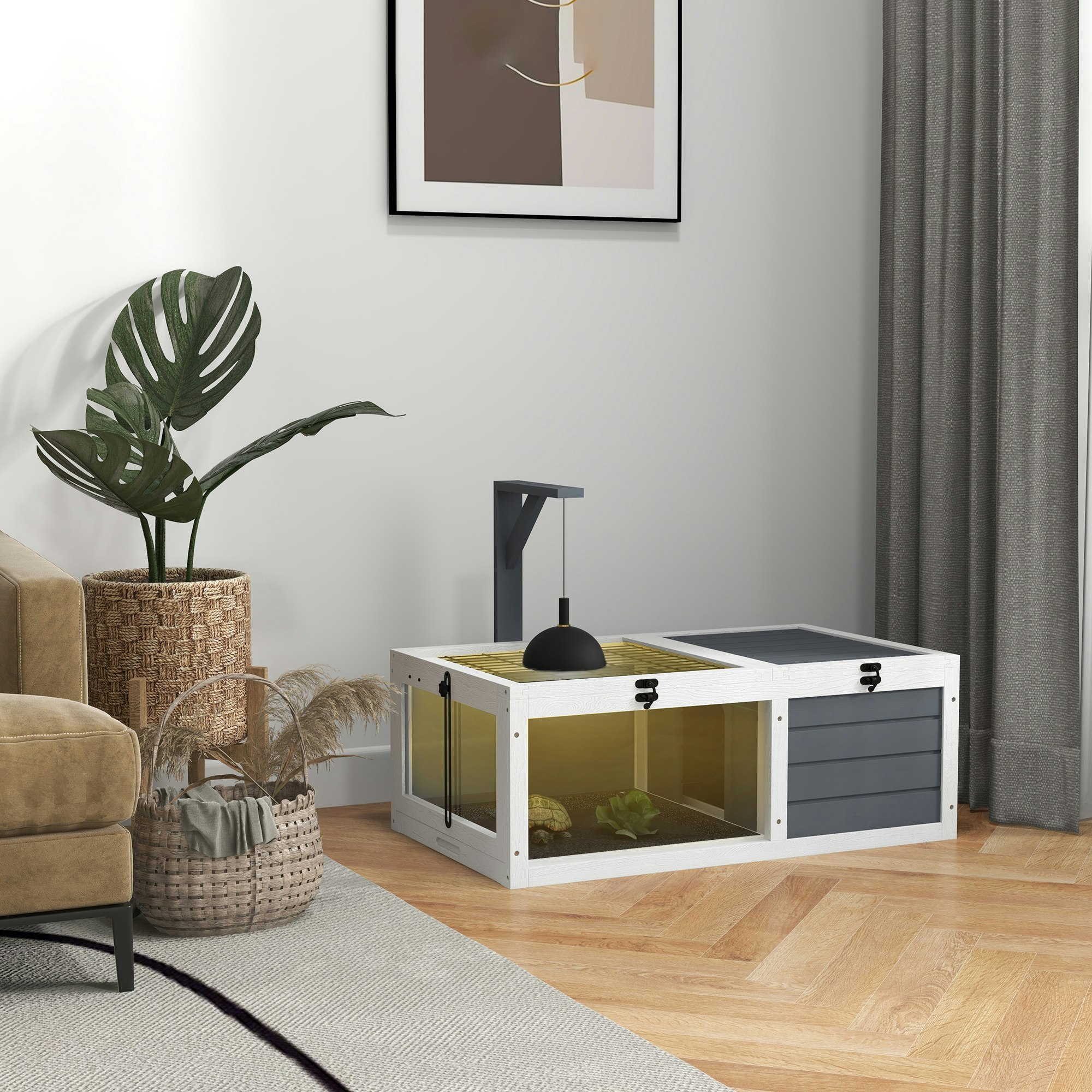 Pawhut Grey Tortoise House, Wooden Tortoise Table W/ Wooden Lamp Holder