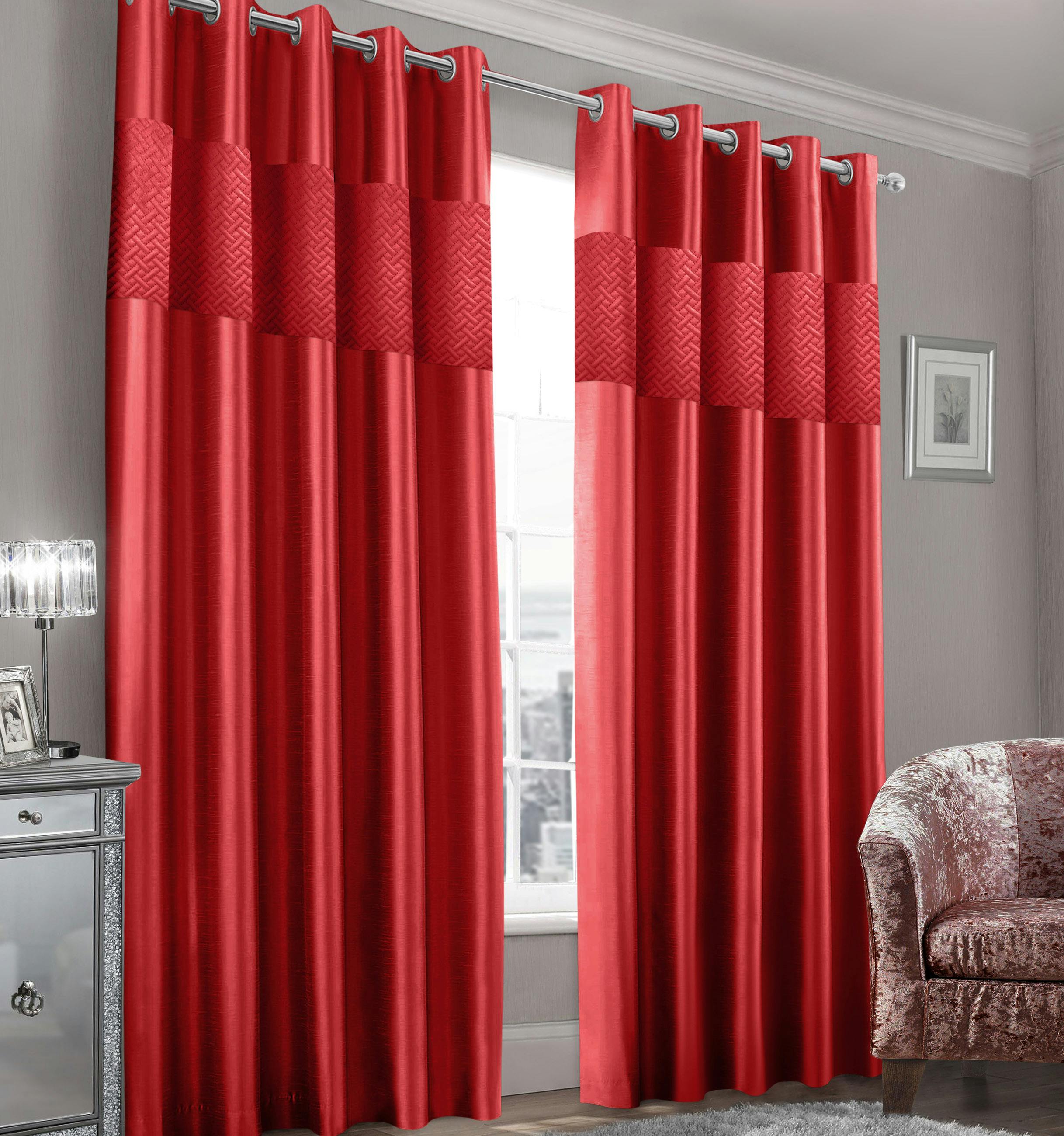 Intimates Red Quilted Velvet Ring Top Luxury Curtains - Soft Texture, Durable Fabric, Chic Window Panels - Contemporary Curtain Decor - 117Cm X 213Cm