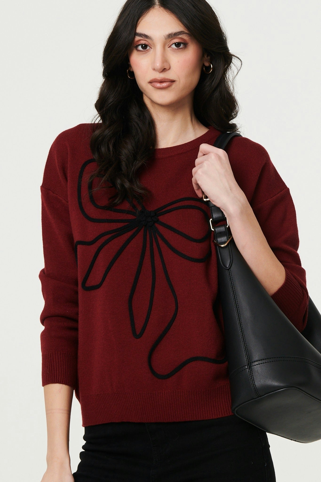 Izabel London Burgundy Bow Embellished Drop Shoulder Knit Jumper - 12/14