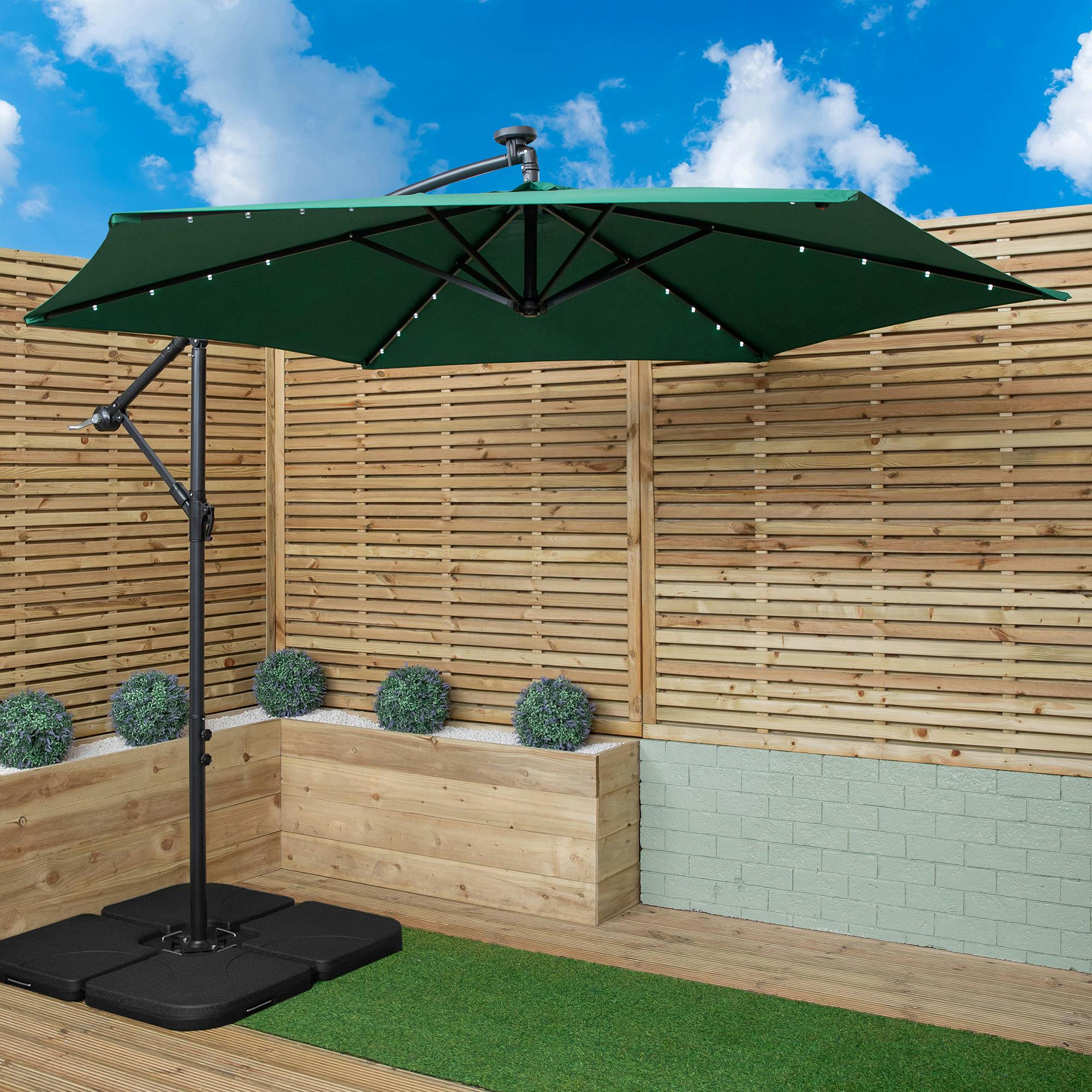 Rackhams Green 3M Solar Powered Lit Banana Cantilever Garden Parasol With Leds & Base Weights Included In