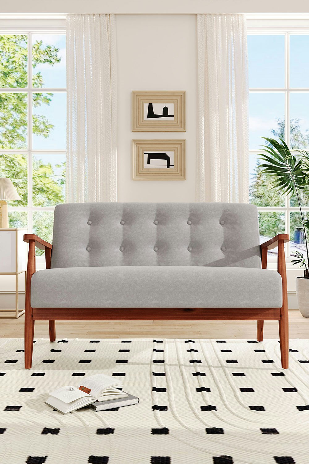 Rackhams Grey Solid Wooden Frame Upholstered Tufted Sofa