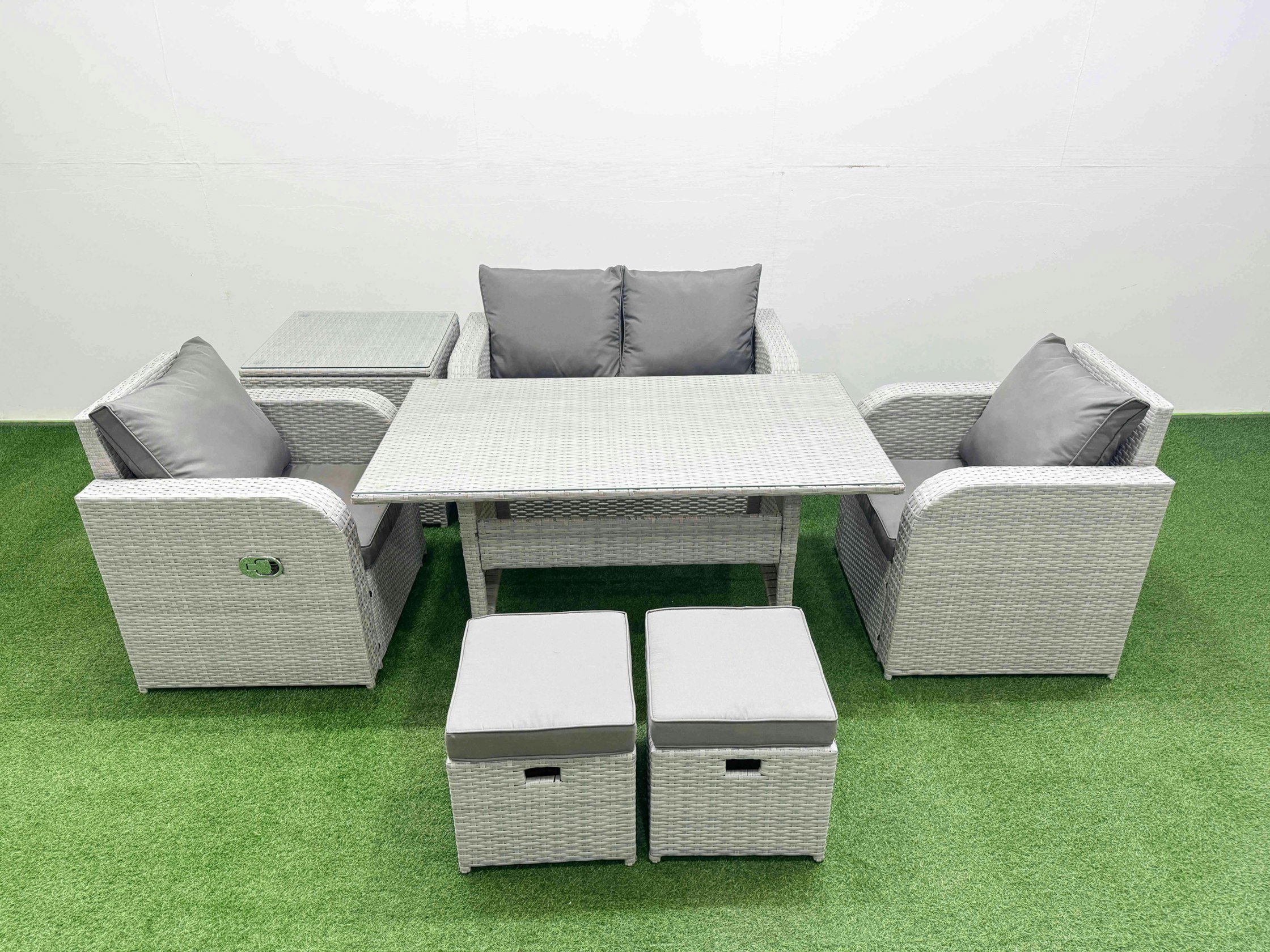 Fimous Light/Grey Pe Wicker Rattan Garden Furniture Set Sofa Set Reclining Chair Rectangular Dining Table 6 Seater 2 Small Stools Side Table