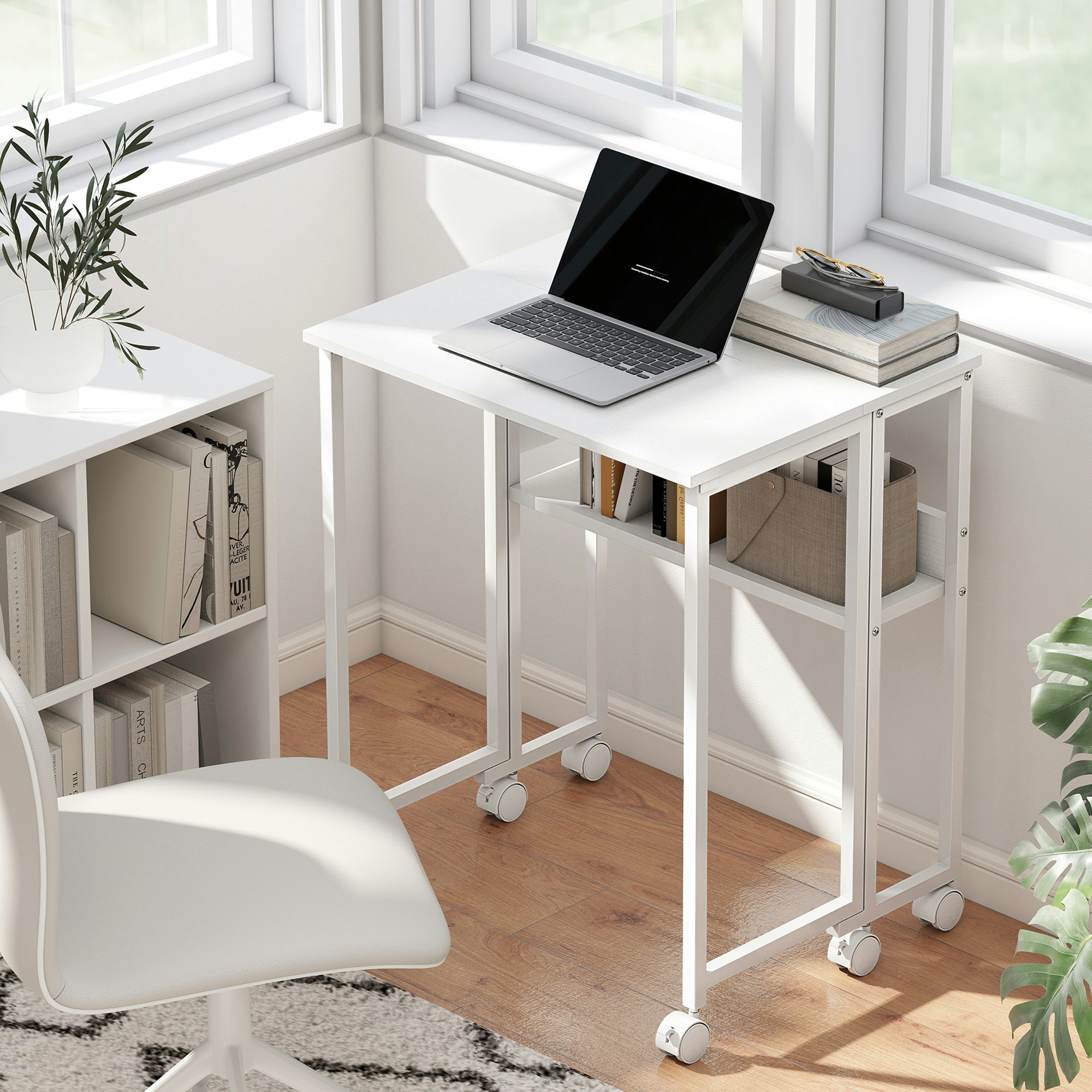 Homcom White 63 Cm Foldable Computer Desk On Wheels For Small Spaces Natural - 63W X 50D X 75H Cm