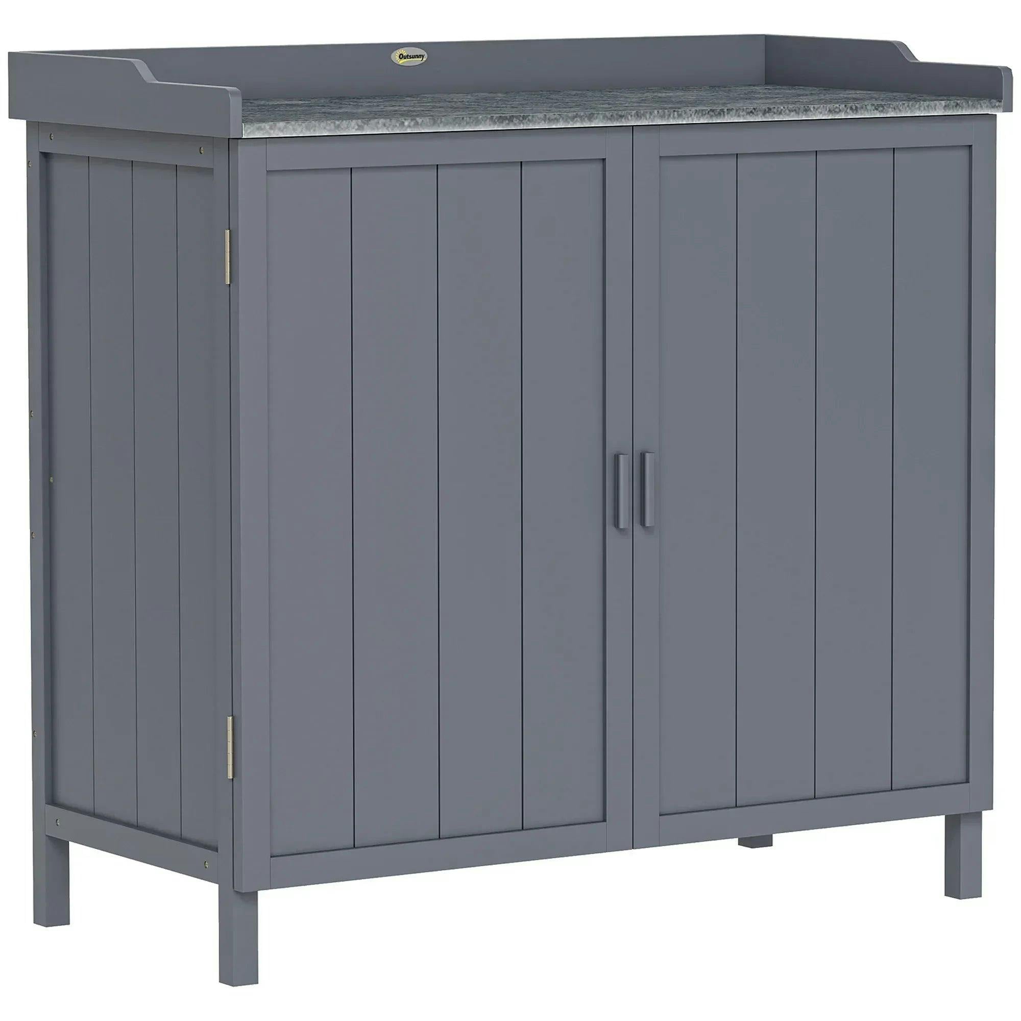 Rackhams Grey Wood Garden Storage Cabinet, Outdoor Tool Shed, Potting Bench Table With Galvanized Top And Two Shelves For Yard Tools Or Pool Accessories,