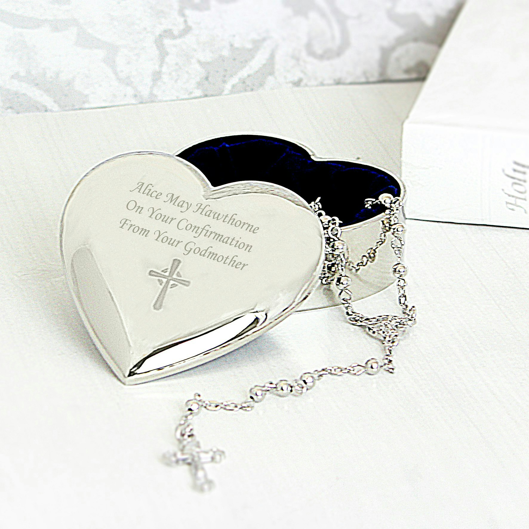 Personalised Memento Company Personalised Rosary Beads And Cross Heart Trinket Box