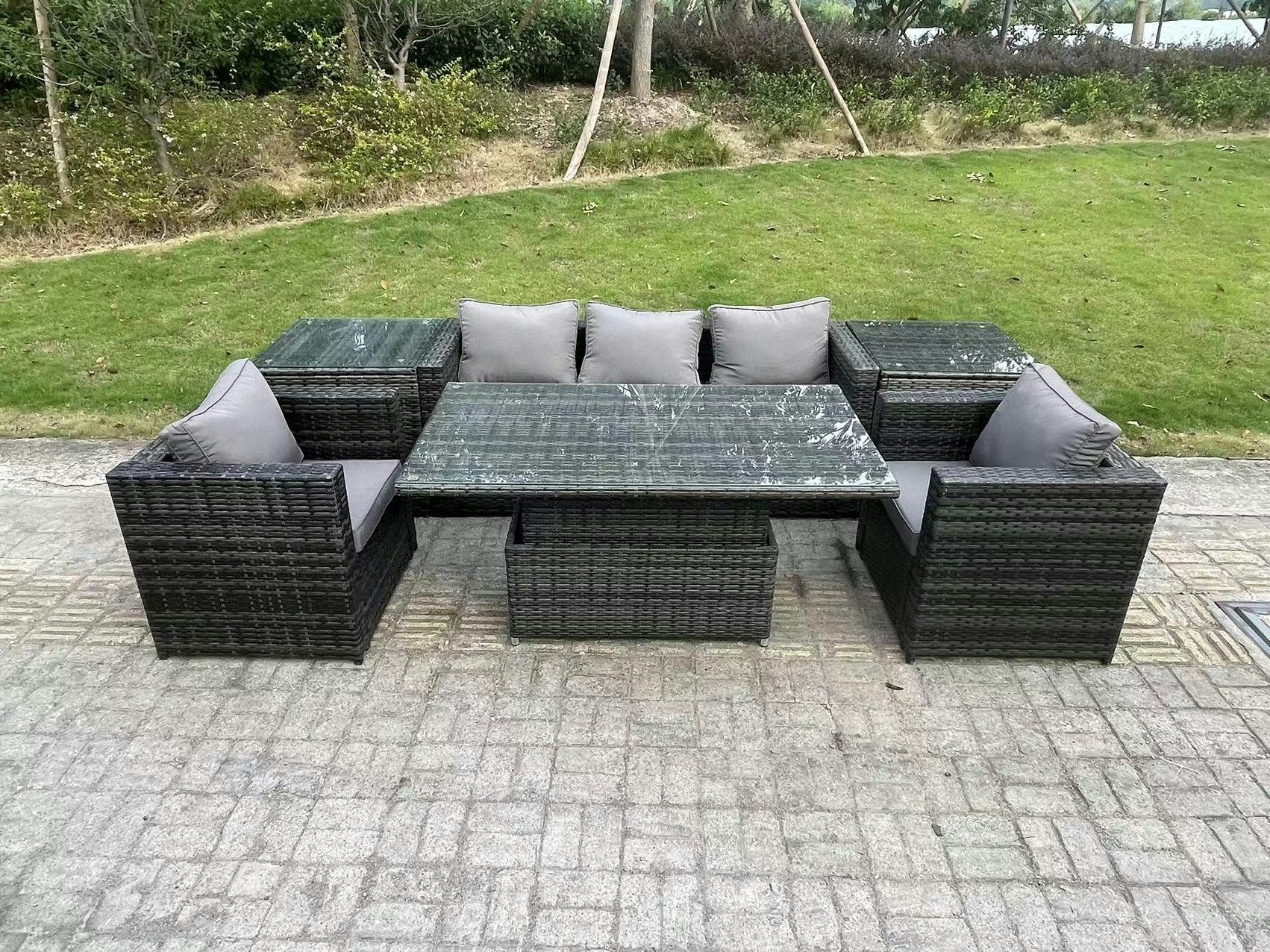 Rackhams Dark/Grey Rattan Garden Furniture Sofa Set Outdoor Adjustable Rising Lifting Dining Table Set With 2 Armchairs 2 Side Tables Mixed