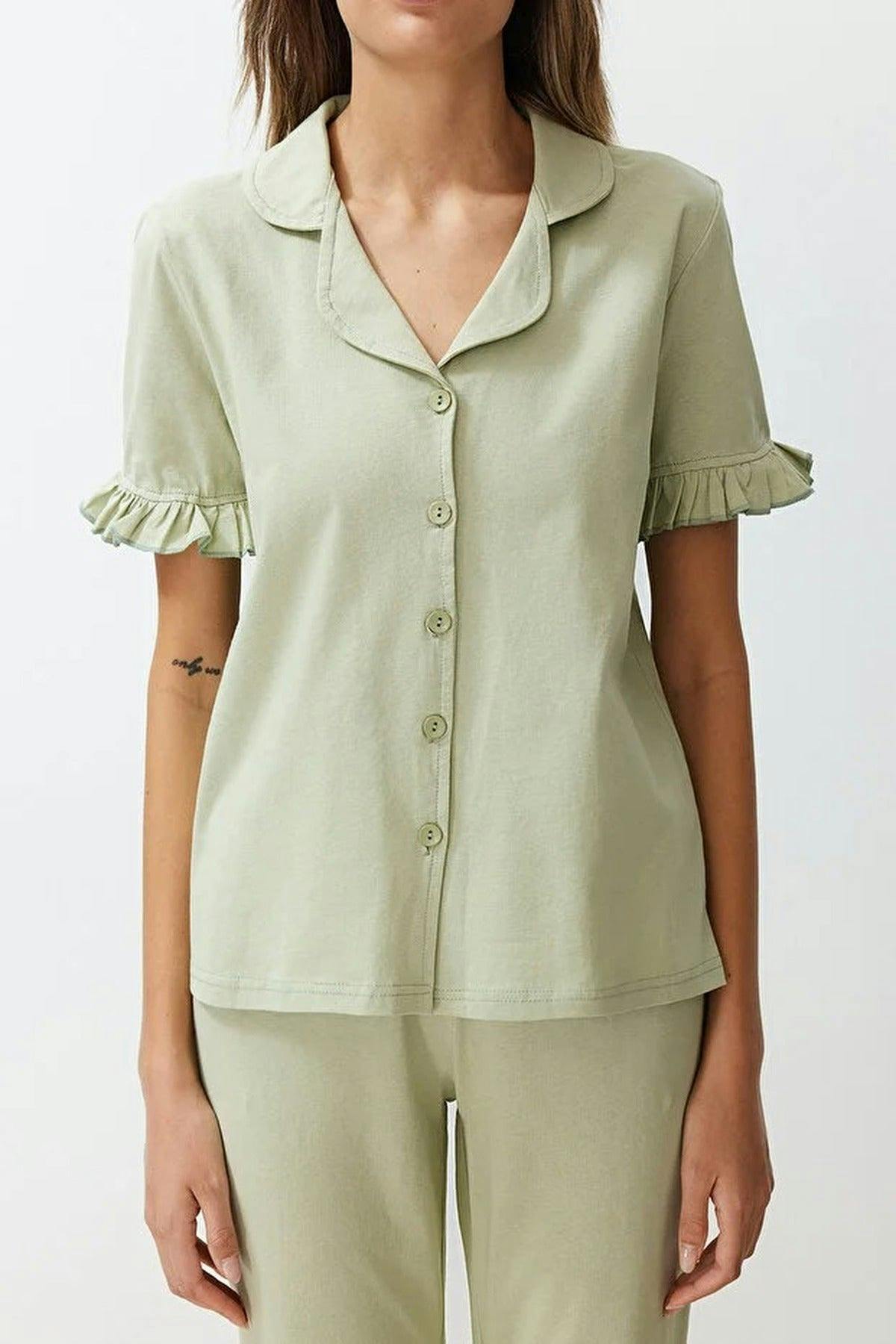 Wovcor Light 2-Piece 100% Cotton Ruffle Detail Knitted Pajama Set - Khaki - Xl