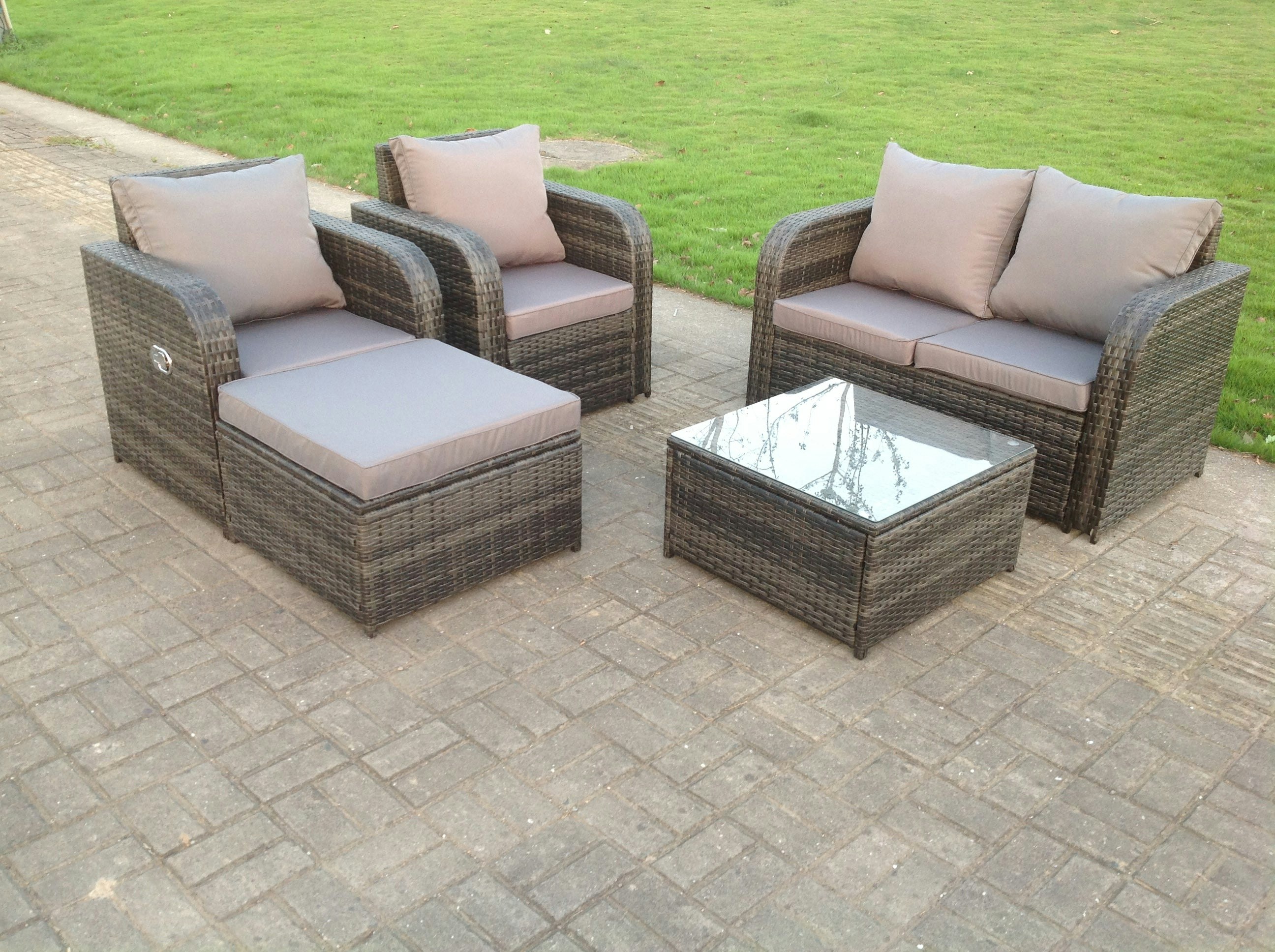 Fimous Grey 5 Seater Pe Wicker Rattan Garden Furniture Loveseat Reclining Sofa Chair Table Footstool Outdoor
