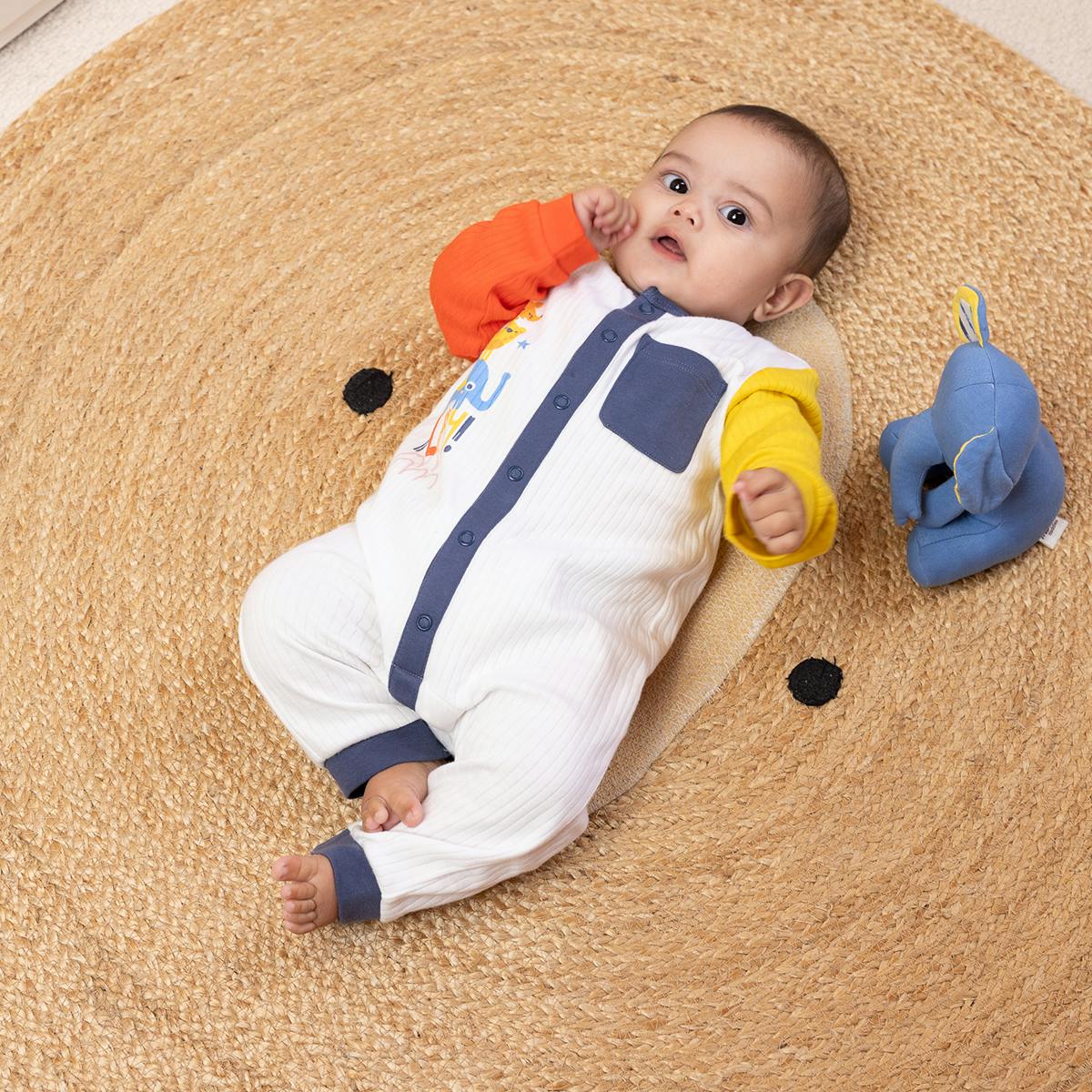 Mini Cuddles Men's Baby Boys Play Printed Romper With Contrast Sleeves, Multicolour - Nb