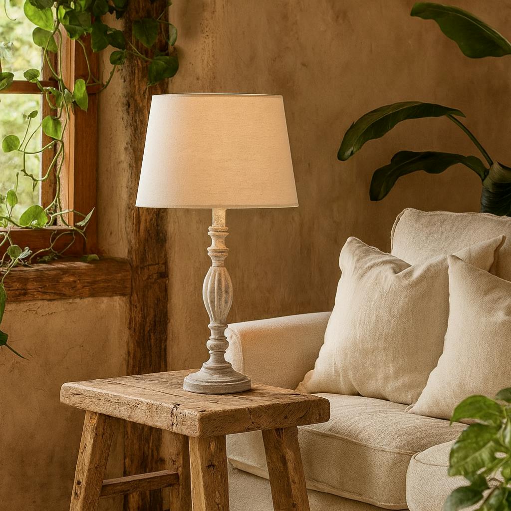 Rackhams Grey/Cream Milan Distressed Farmhouse Carved Wooden Table Lamp With Linen Shade