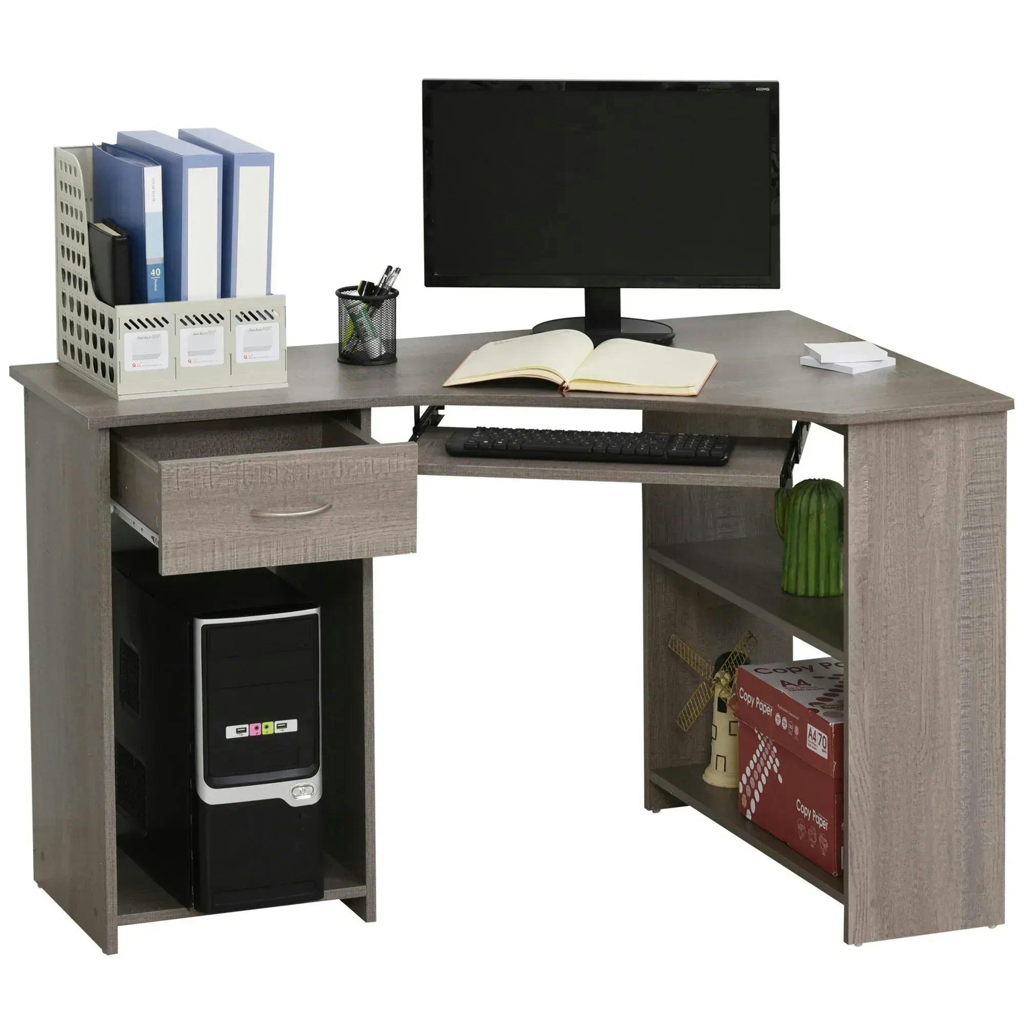 L-Shaped Corner Computer Desk with 2-Tier Side Shelves, Grey, Keyboard Tray - Image 5