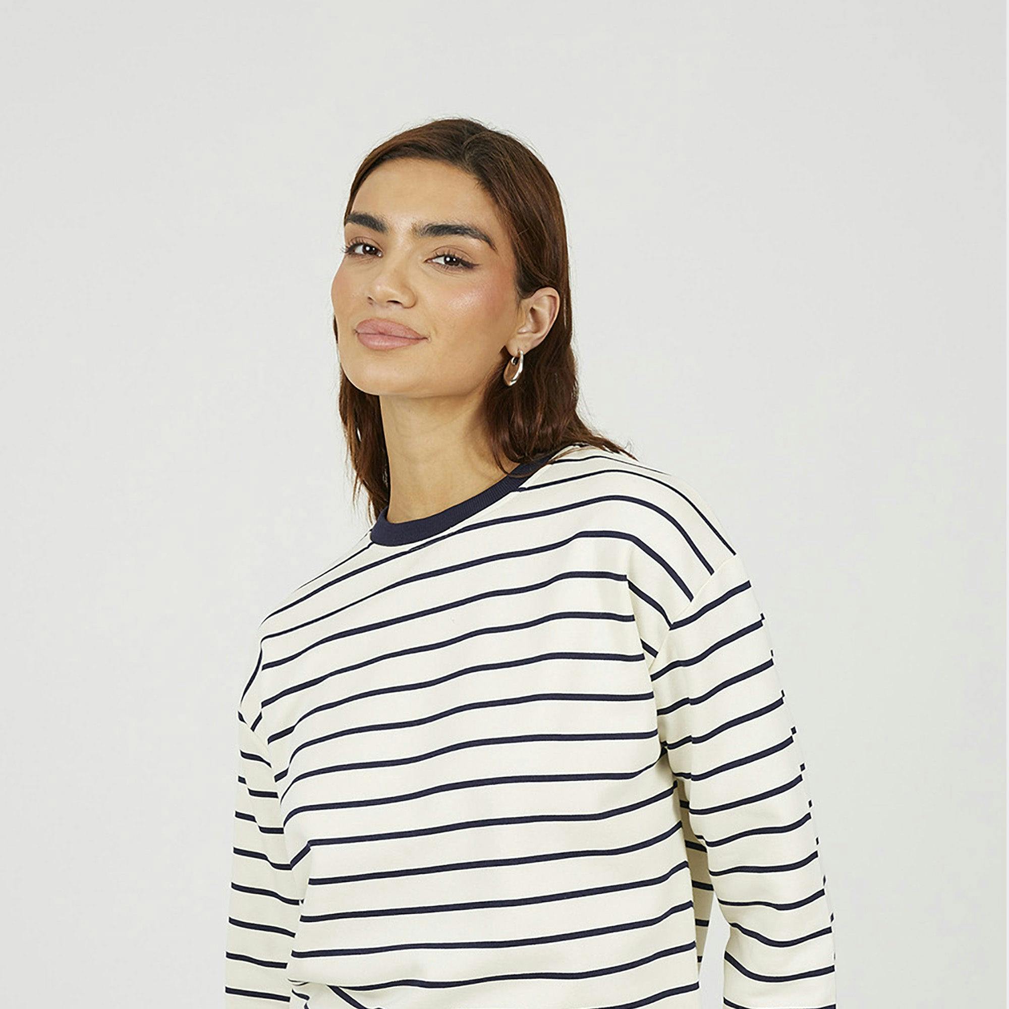 Brave Soul Women's Cream Classic Stripe Crew Neck Sweatshirt In | Size: Medium - Image 4