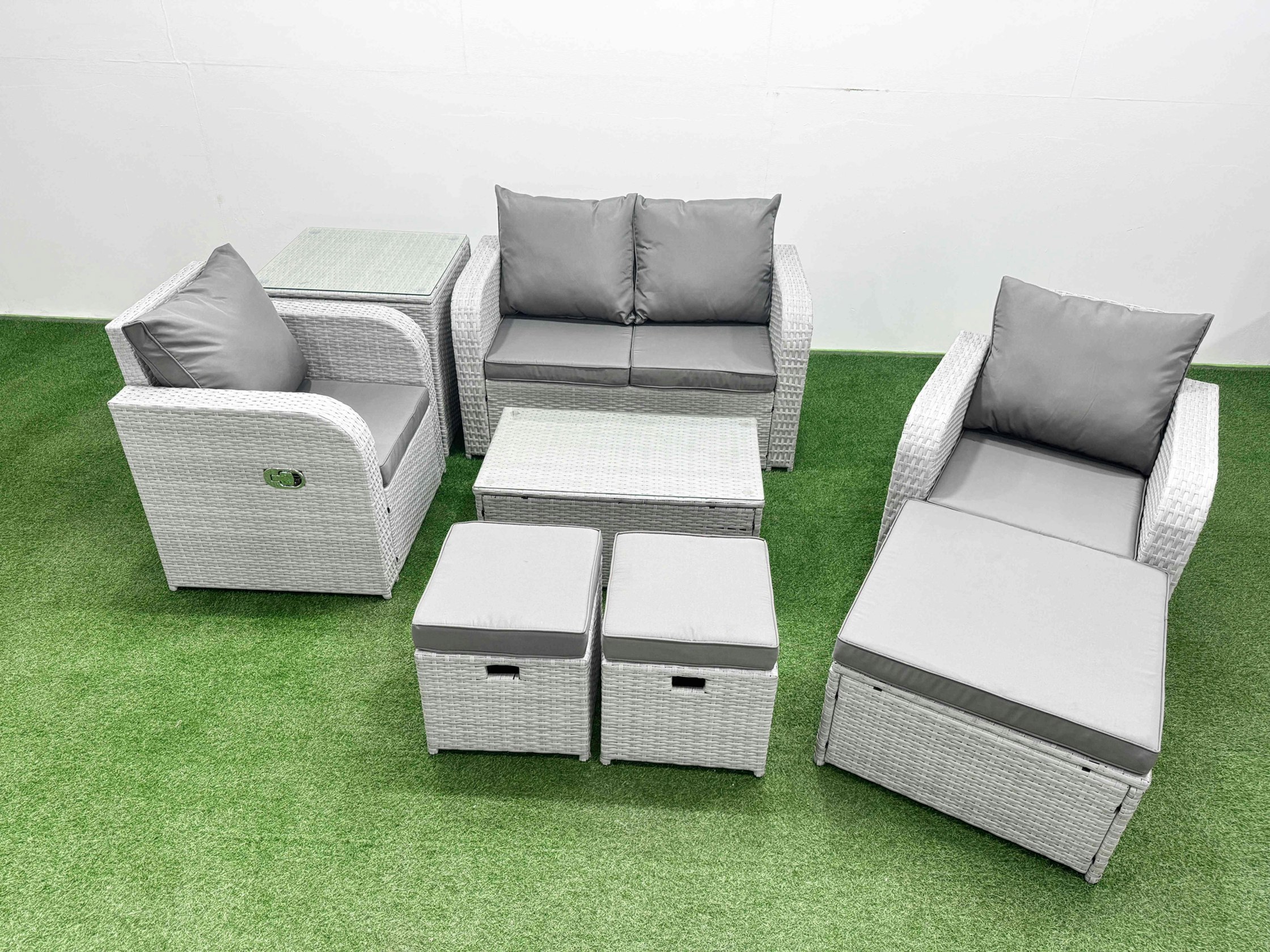 Fimous Light/Grey 7-Seater Pe Wicker Rattan Garden Sofa Set - Reclining Adjustable Chair With Rectangular Coffee Table