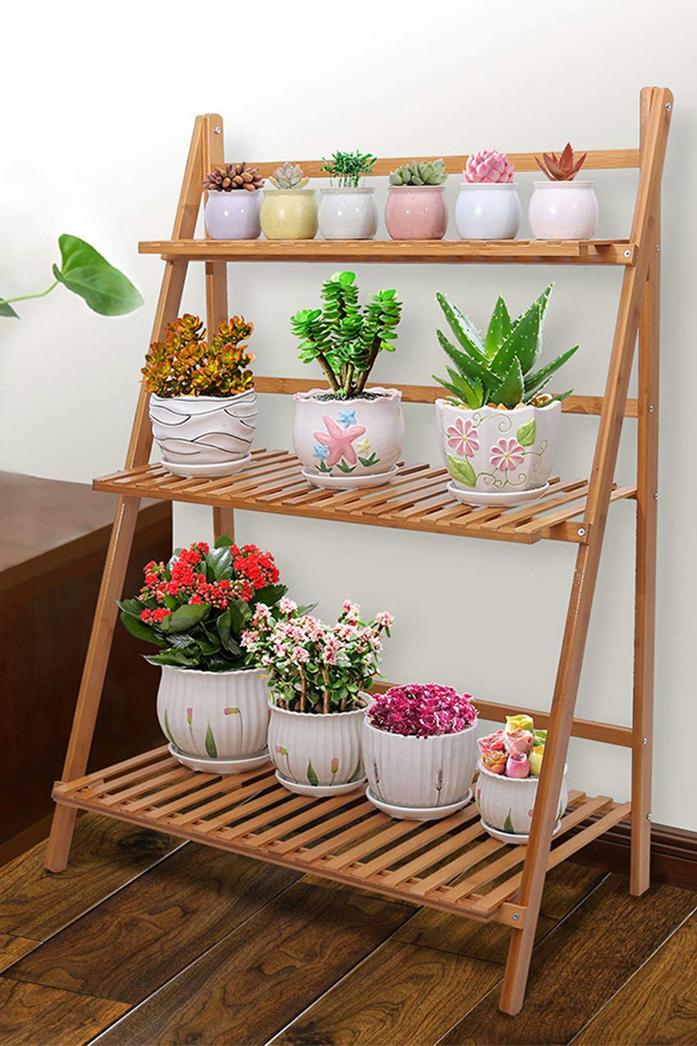 Rackhams 3-Tier Foldable Plant Stand Rack Wooden Ladder Shelf - Natural