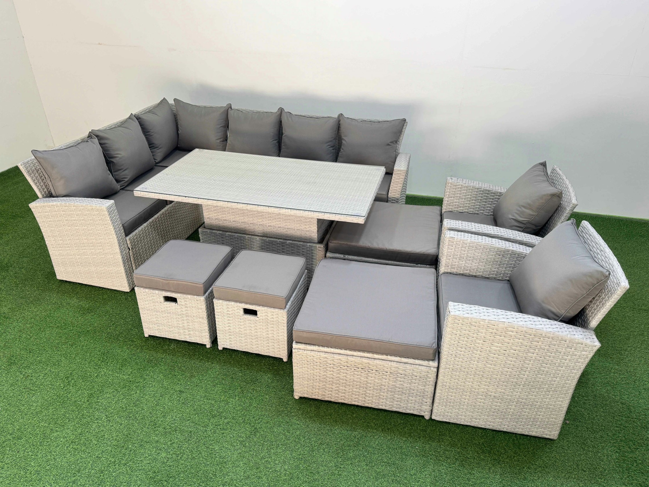 Rackhams Light/Grey 12 Seat Rattan Outdoor Garden Furniture Corner Sofa Set Adjustable Lifting Dining Or Coffee Table Set With Armchair