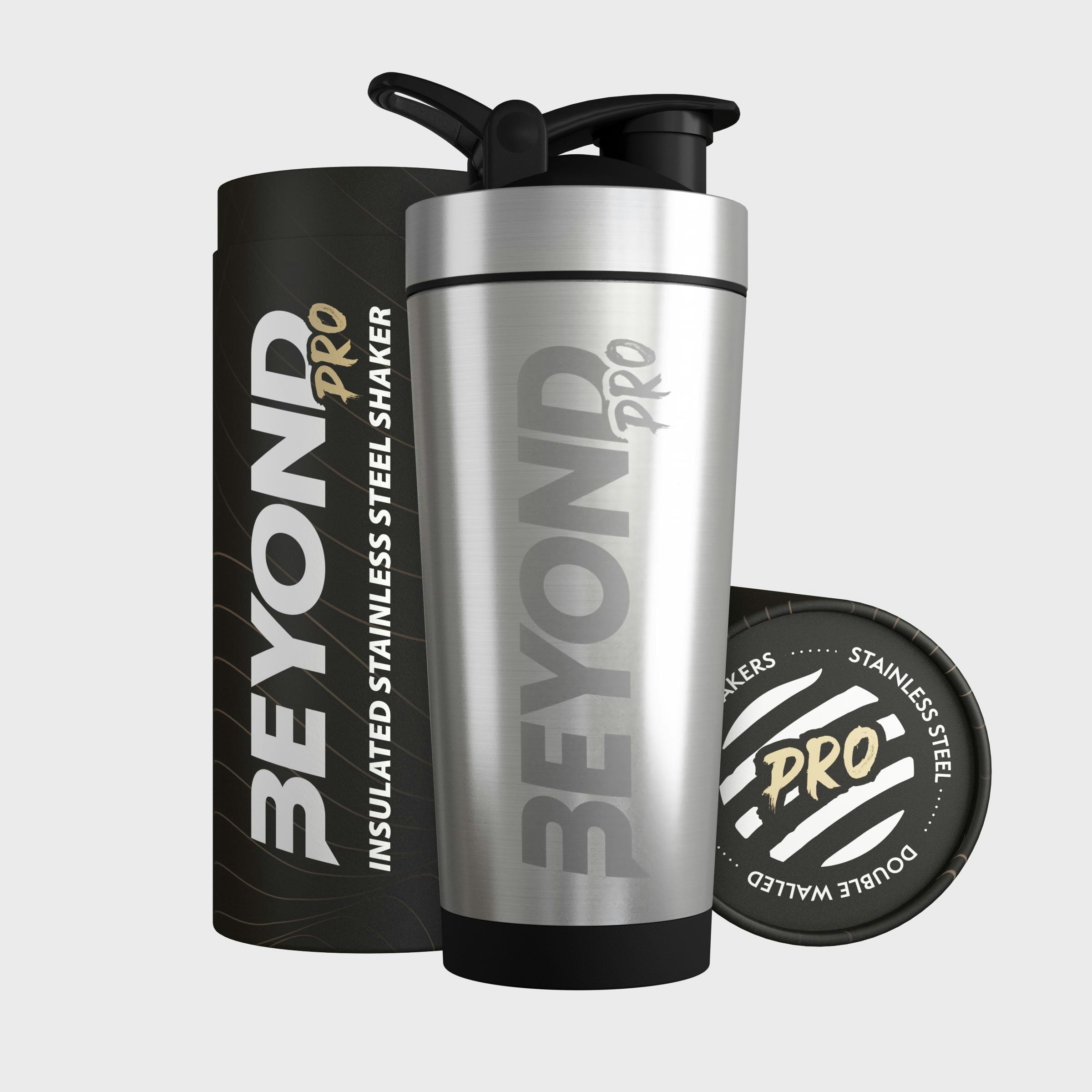 Beyond Shakers Pro Insulated Metal Protein Shaker 735Ml Stainless Steel Supplement Bottle - Brushed Steel
