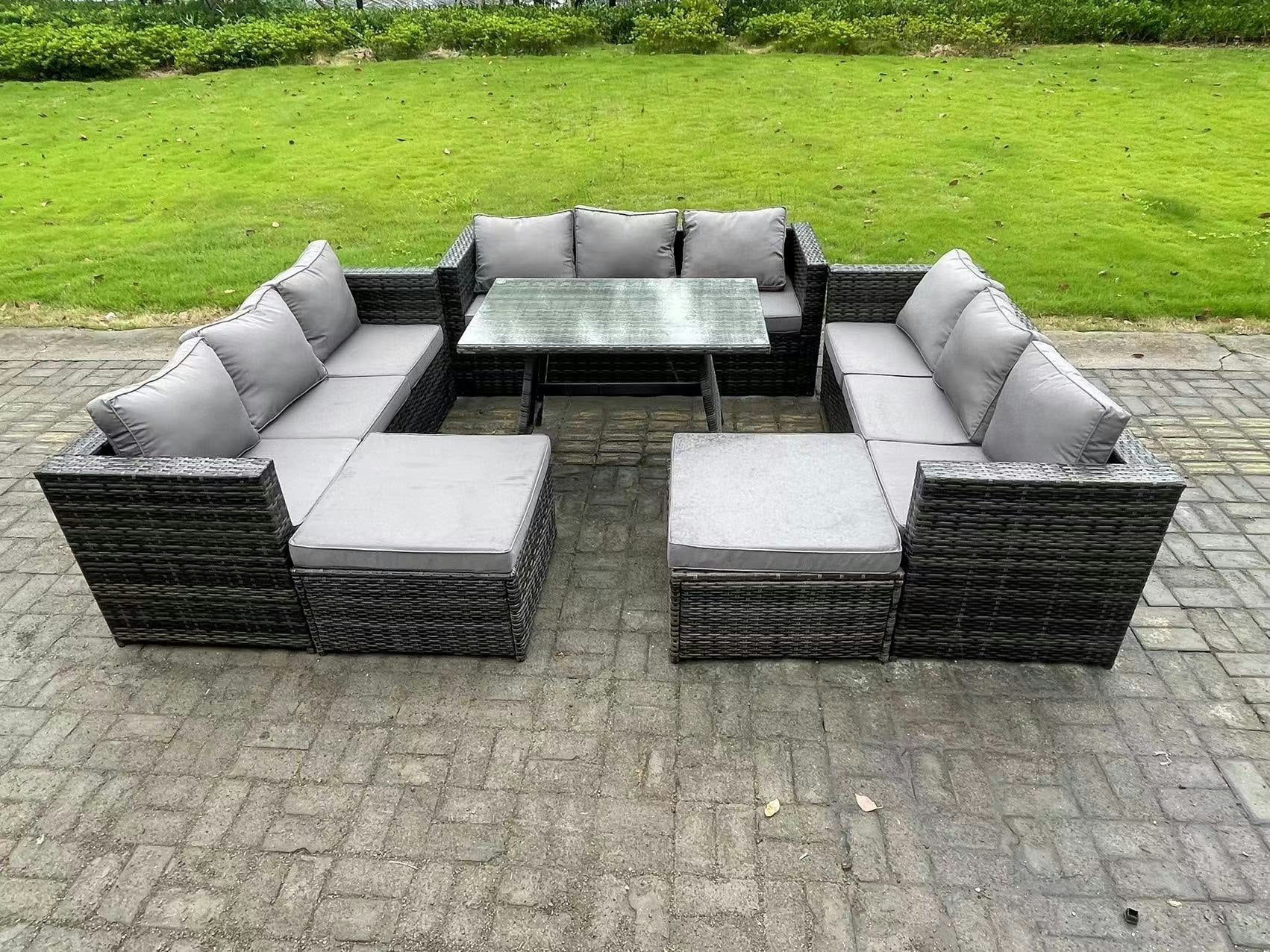 Rackhams Dark/Grey 11 Seater Wicker Pe Rattan Outdoor Furniture Lounge Sofa Garden Dining Set With Dining Table 2 Big Footstools Mixed