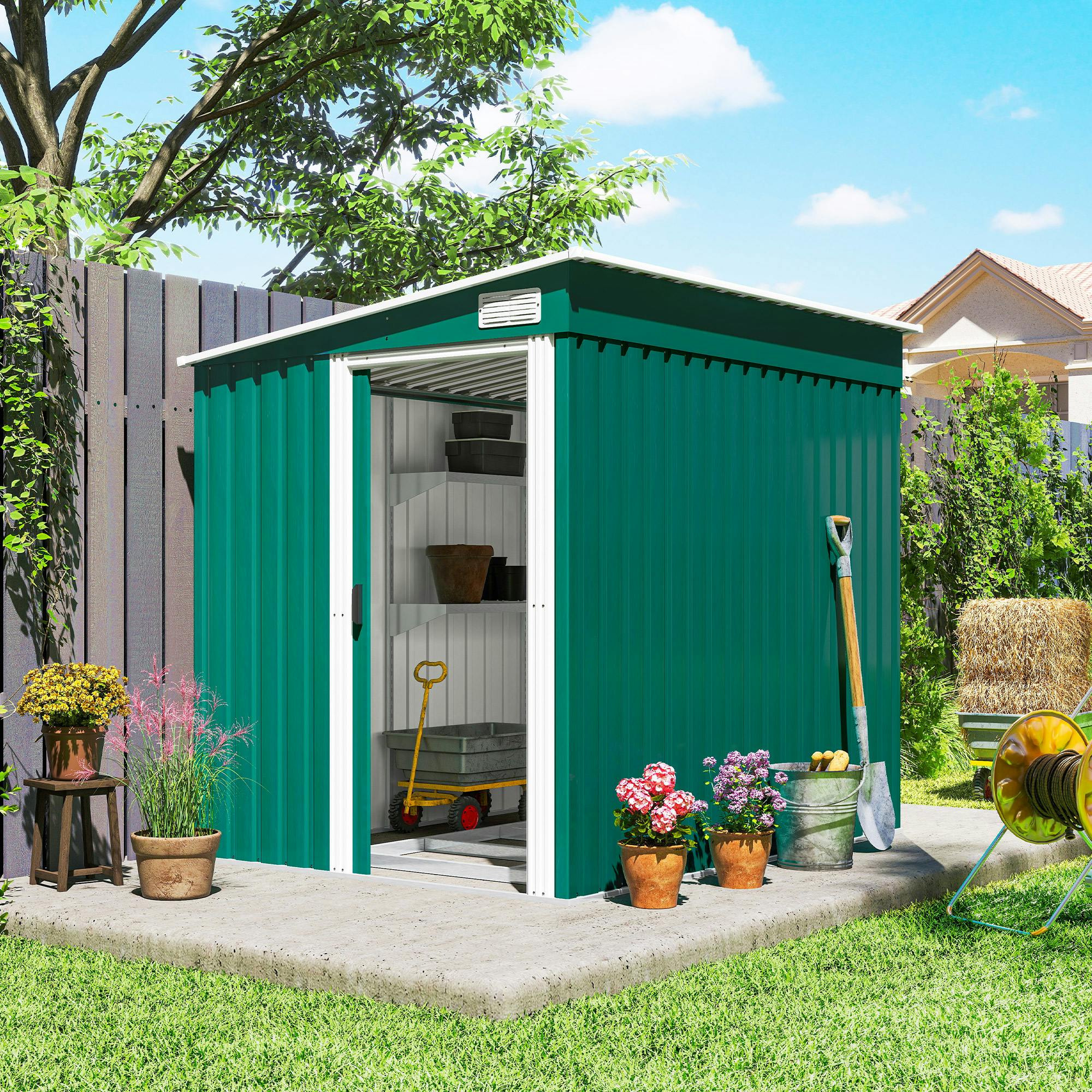 Rackhams Green 7 X 5Ft Garden Shed W/ Foundation Lean To Metal Tool Shed