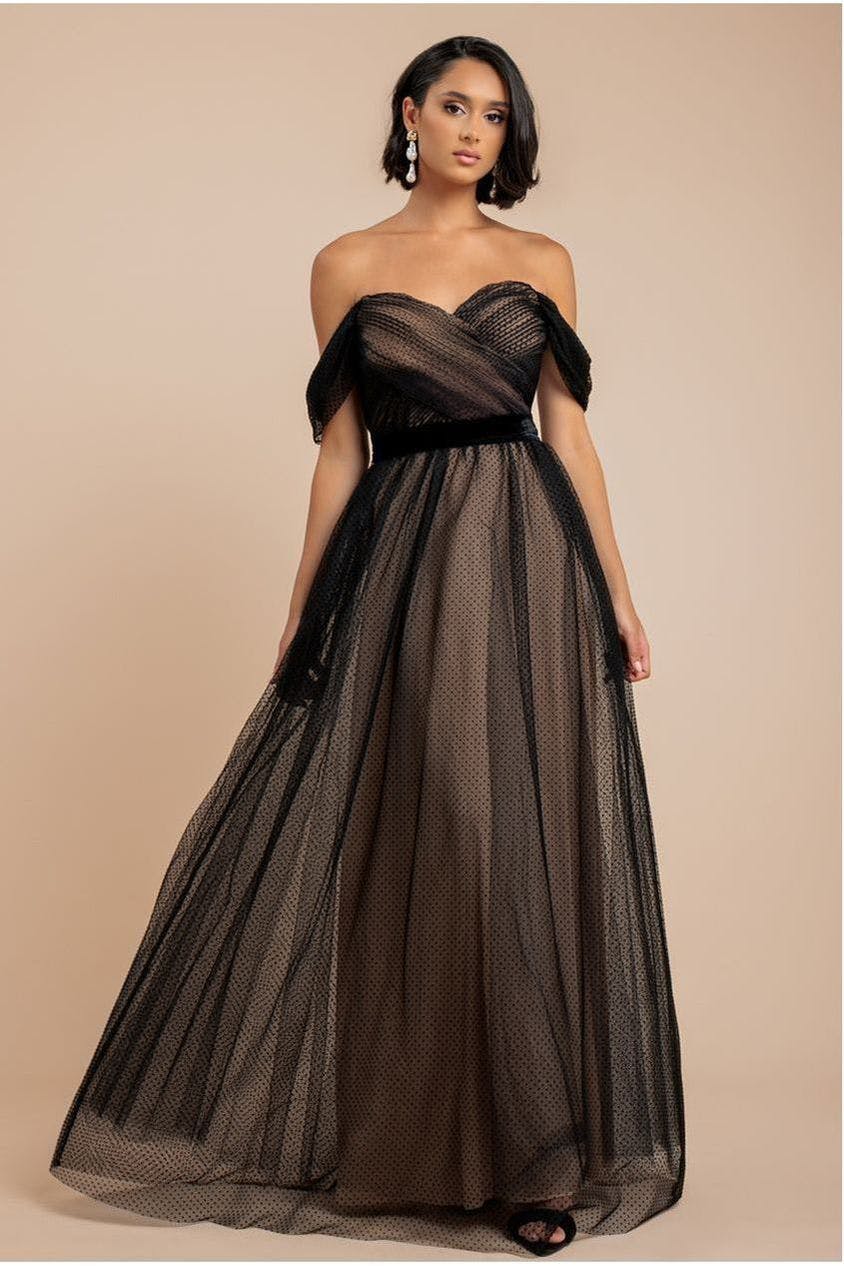 Goddiva Black Dobby Mesh Off The Shoulder Princess Maxi Dress - By - 8