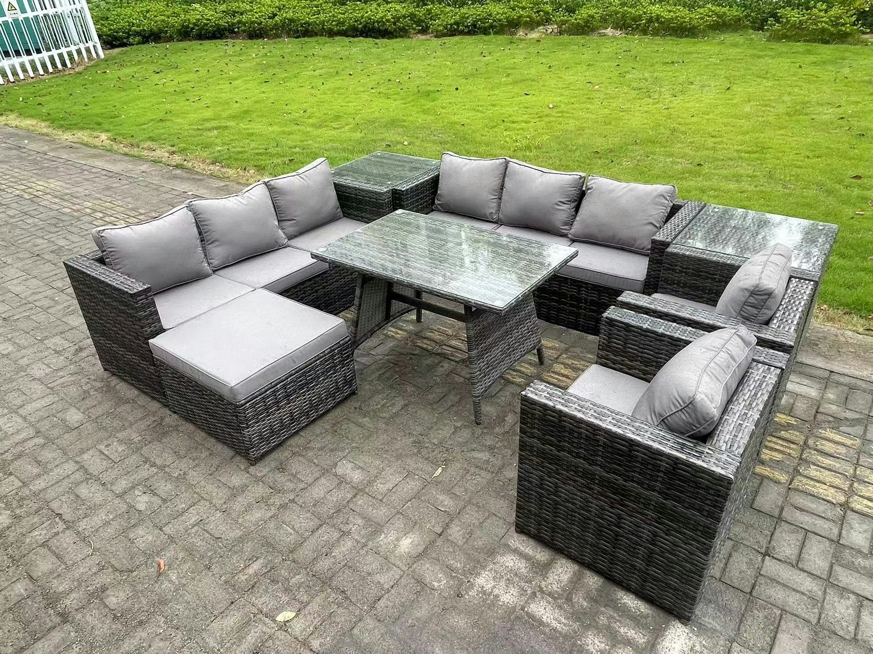 Fimous Dark/Grey Wicker Rattan Outdoor Furniture Lounge Sofa Garden Dining Set With Dining Table 2 Side Tables Big Footstool Armchairs 9 Seater Mixed