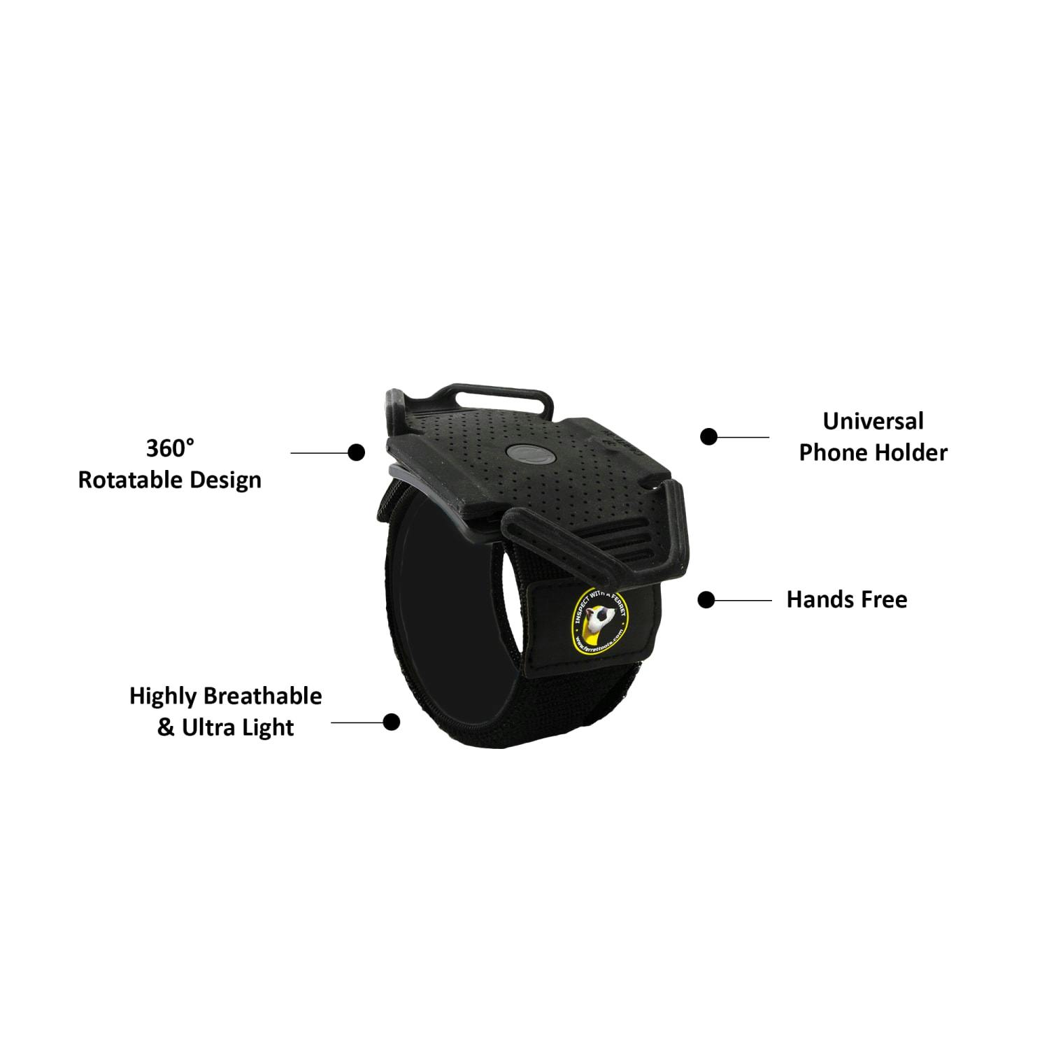Ferret Wristband 360° Rotatable Phone Holder, Hands-Free Universal Smartphone Mount For 3.5”-6” Devices, Breathable Wrist Strap For Cameras