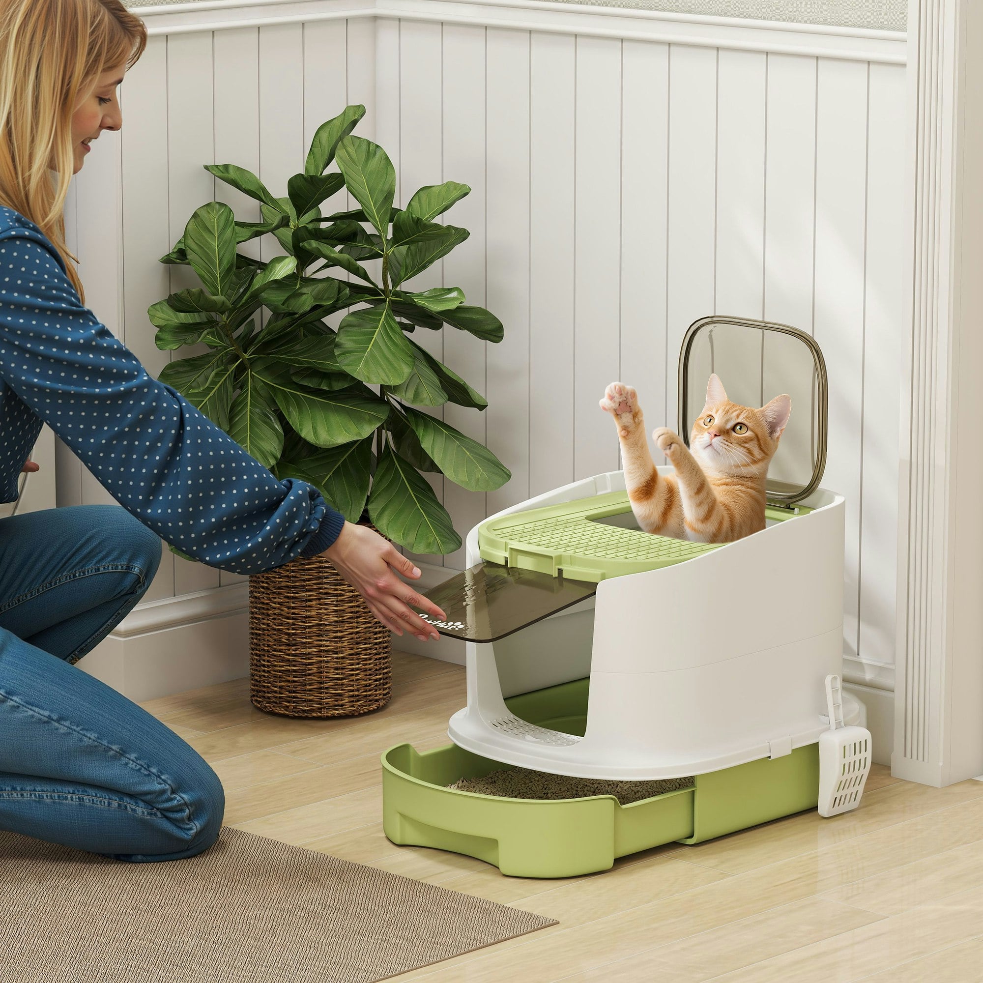 Pawhut Green Cat Litter Box, Hooded Cat Litter Tray With Lid, Scoop,